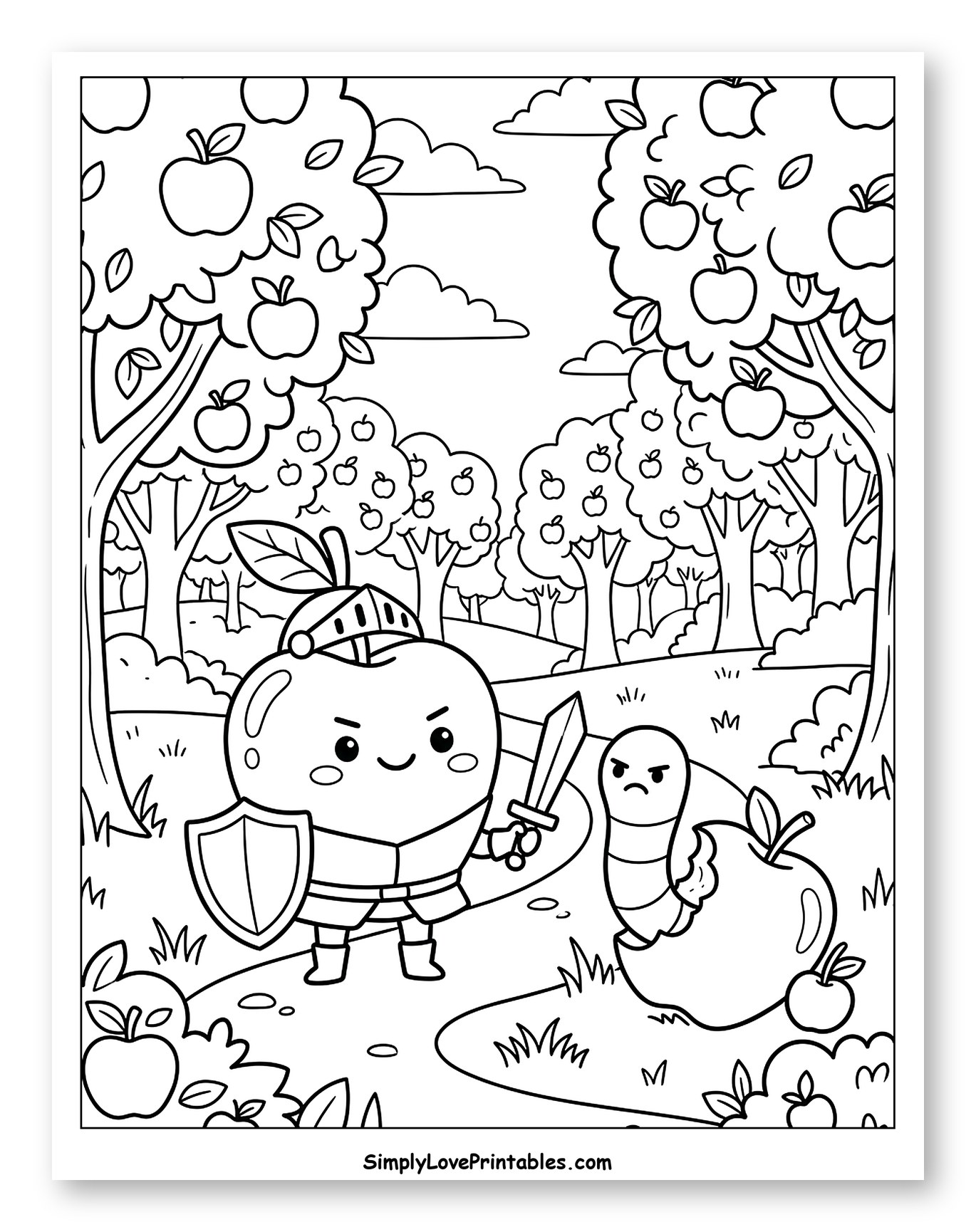 Apple Knight Defends the Apple Orchard Coloring Sheet for Kids