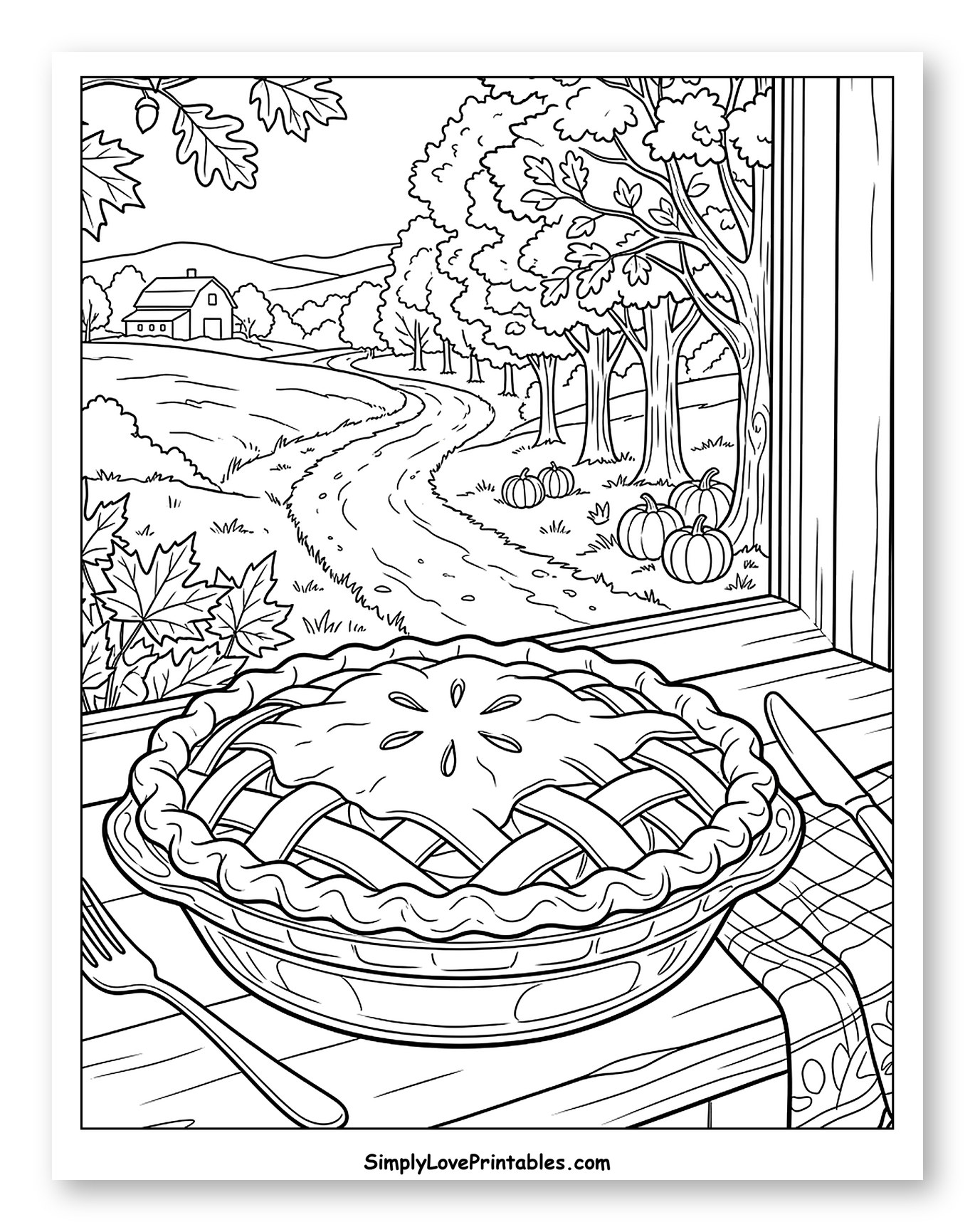 Apple Pie by a Window with Autumn Scenery