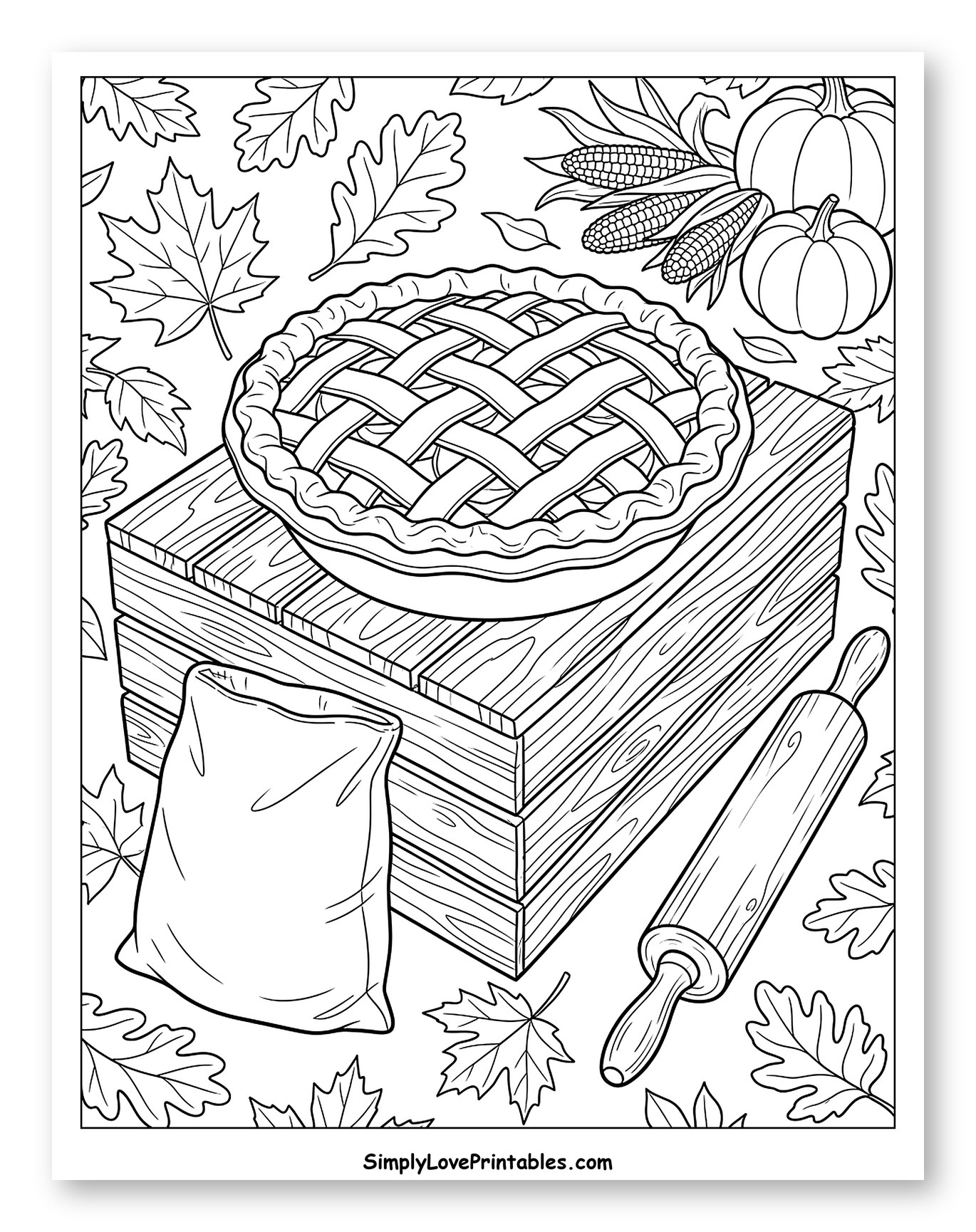 Apple Pie with Autumn Leaves and Harvest Coloring Sheet