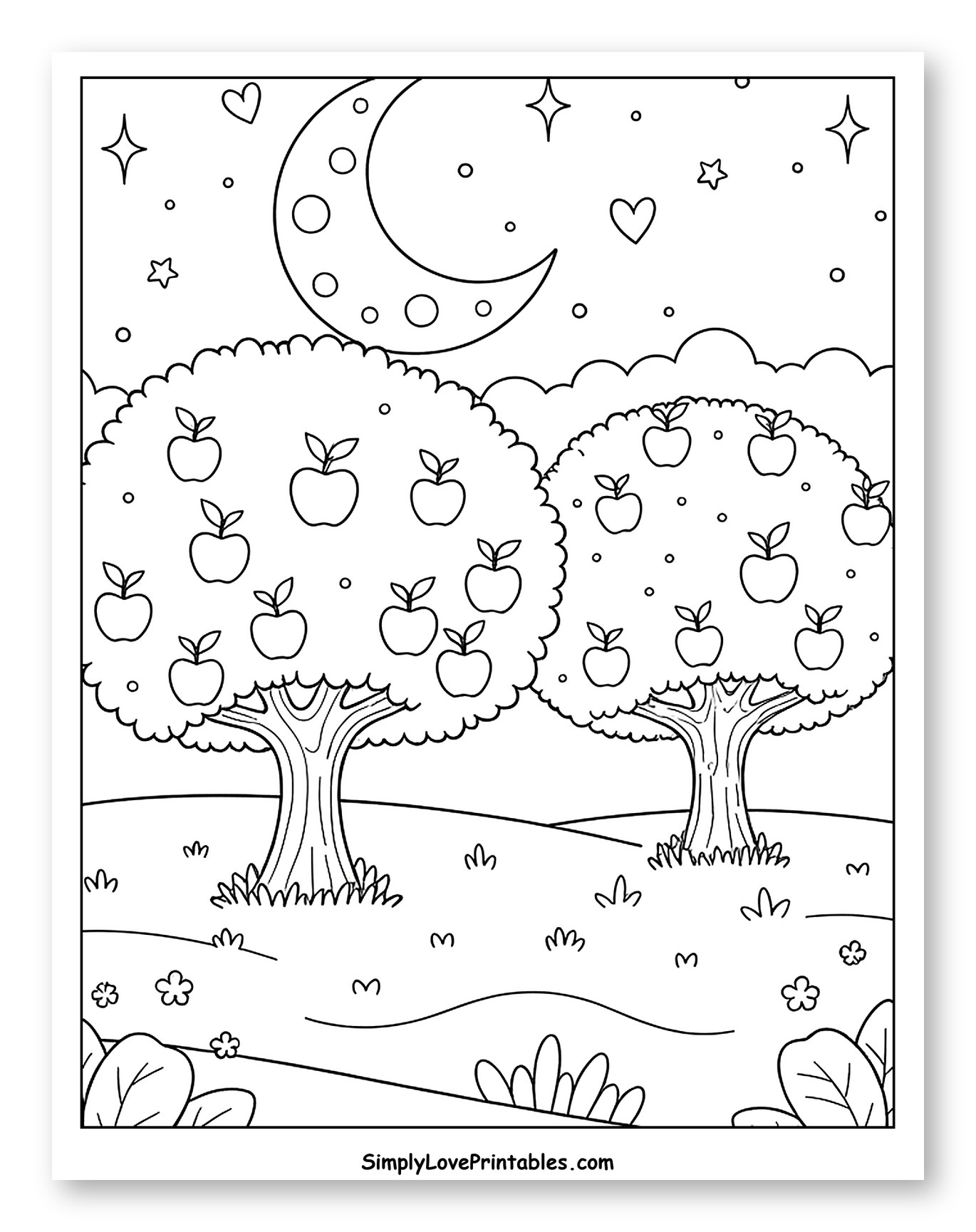 Apple Trees Under a Starry Night Sky to Color for Adults