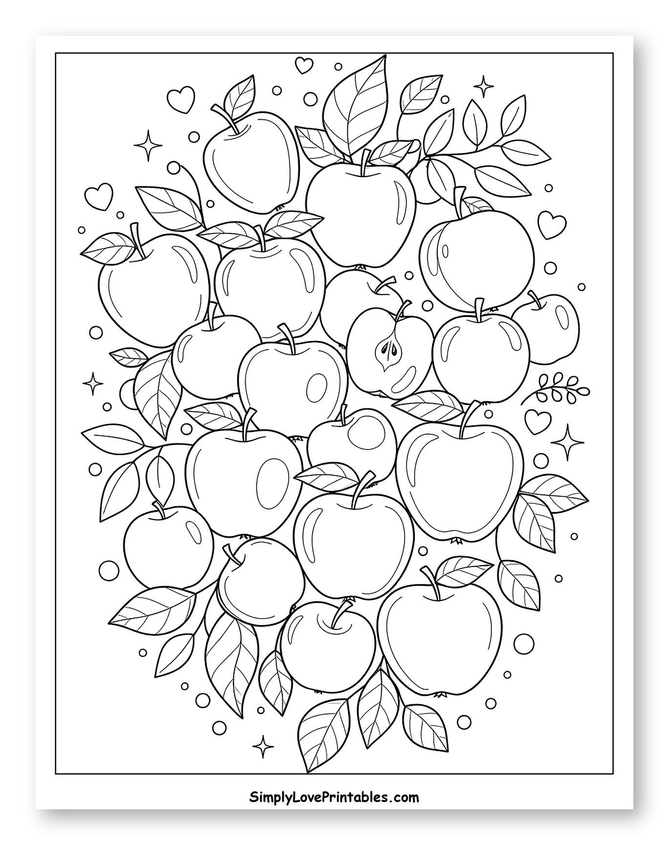 Apples and Leaves Pattern with Decorations Coloring Page for Adults
