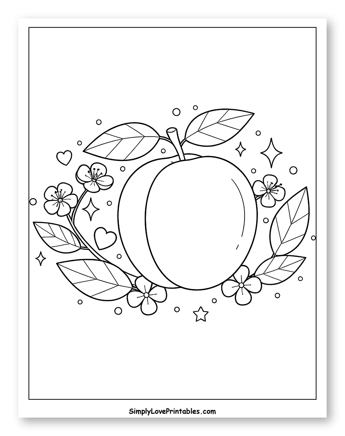 Apricot with Flowers, Leaves, and Hearts Coloring Page for Adults