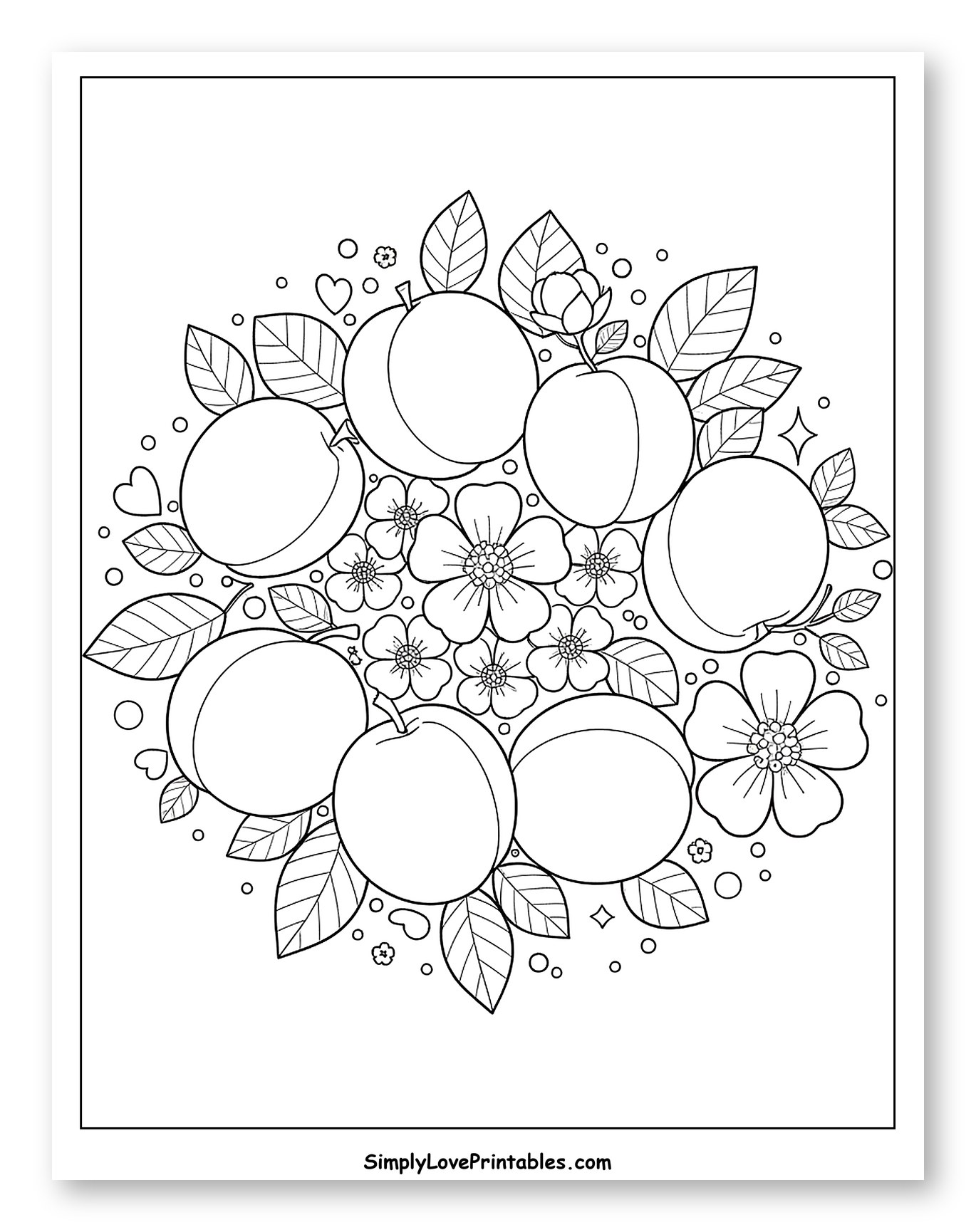 Apricots and Flowers Mandala Arrangement Coloring Page for Adults