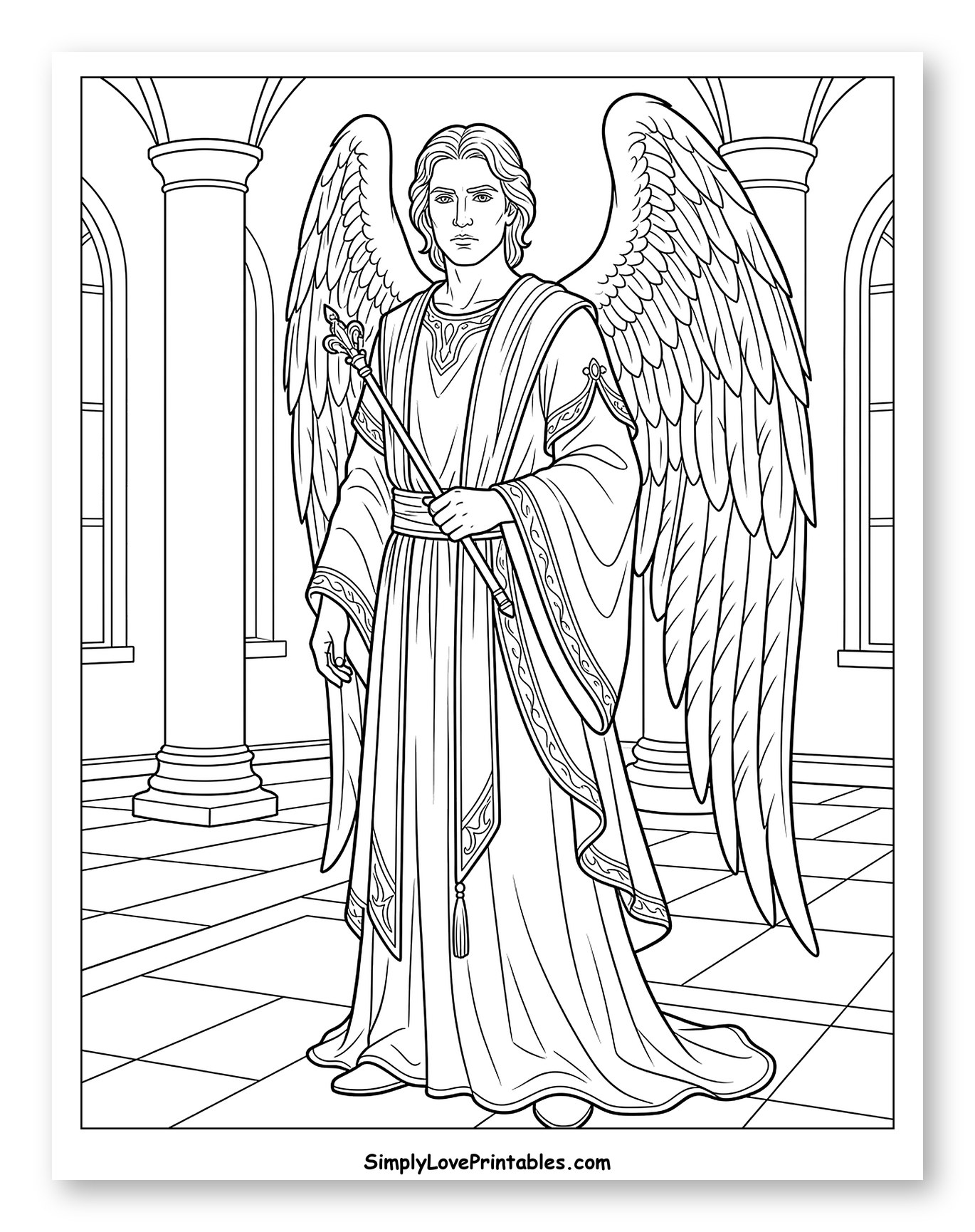 Archangel Gabriel with Wings and Staff Coloring Sheet