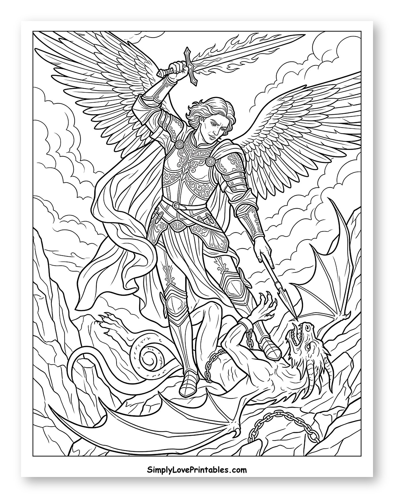 Archangel Michael Slaying a Dragon to Color