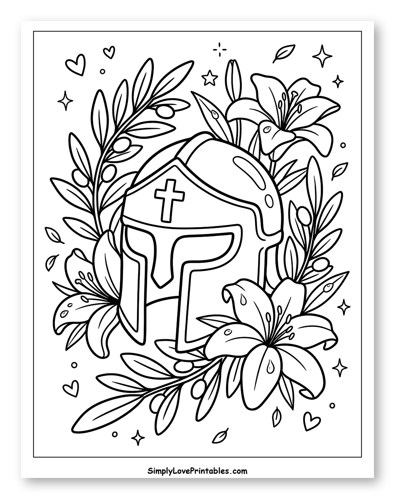 Armor of God Helmet with Lilies and Olive Branches to Color for Adults