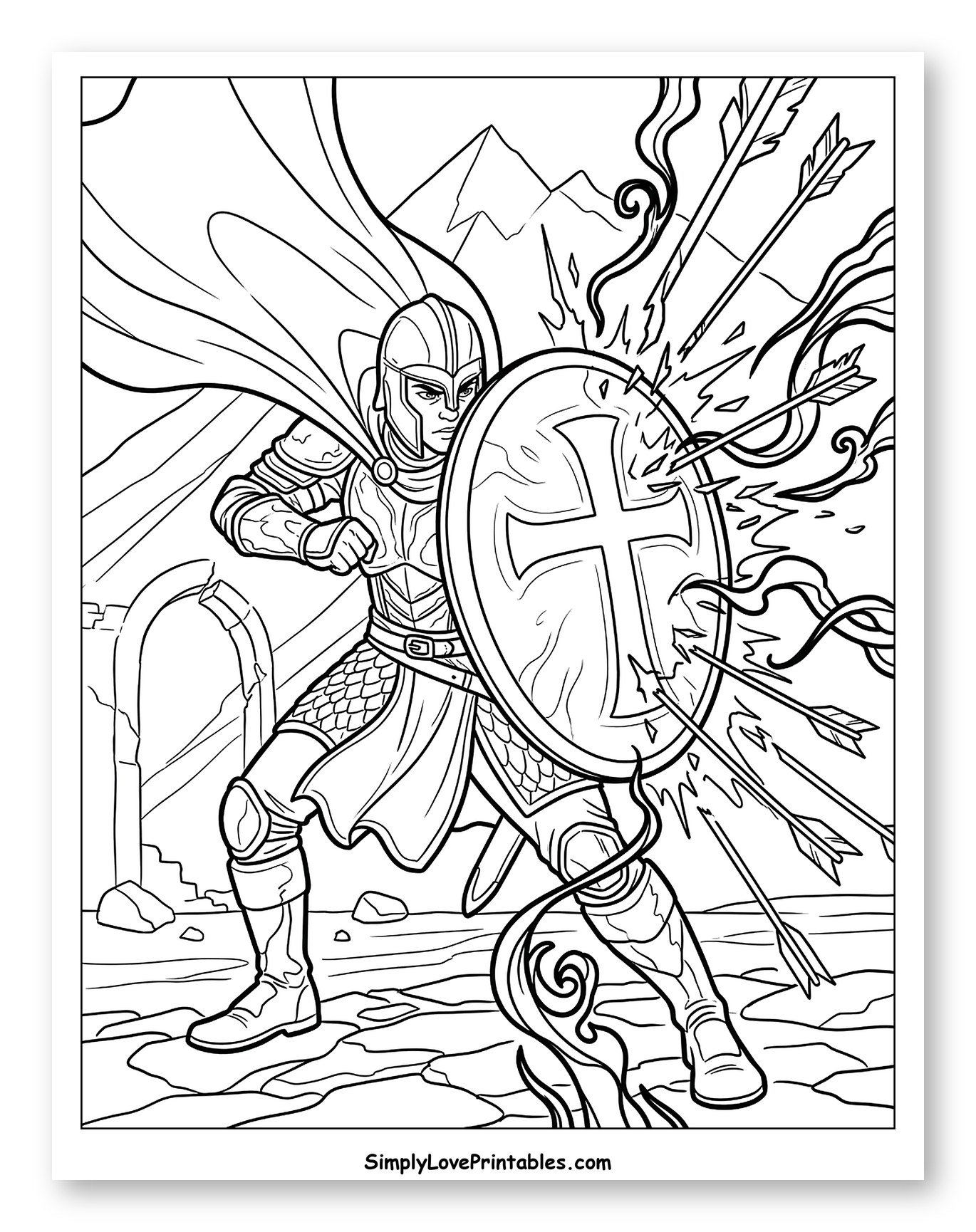 Armored Soldier Blocking Arrows with Cross Shield Coloring Page