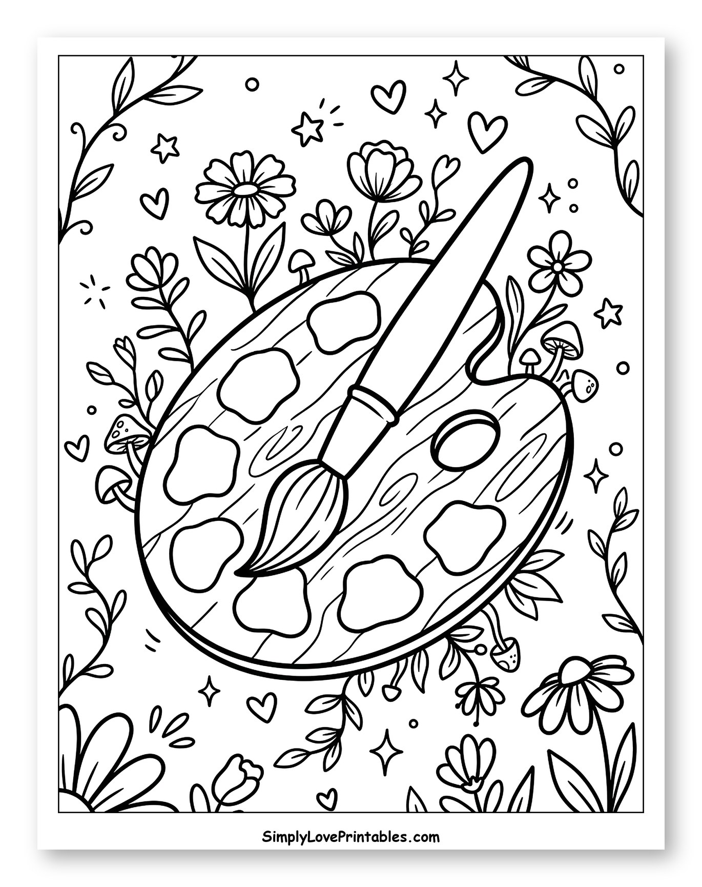 Art Palette with Paintbrush and Nature Elements Coloring Page for Adults