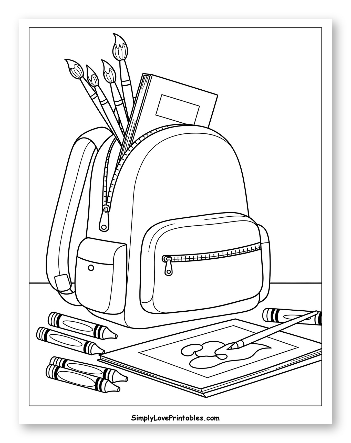 Art Supplies and School Backpack Coloring Sheet for Kids