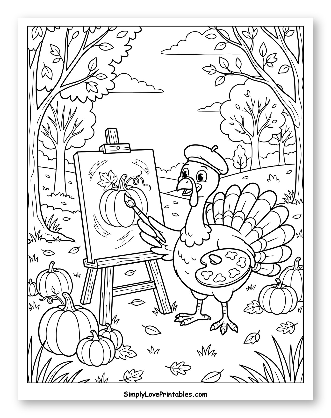 Artist Turkey Painting a Pumpkin in Autumn Coloring Page for Kids