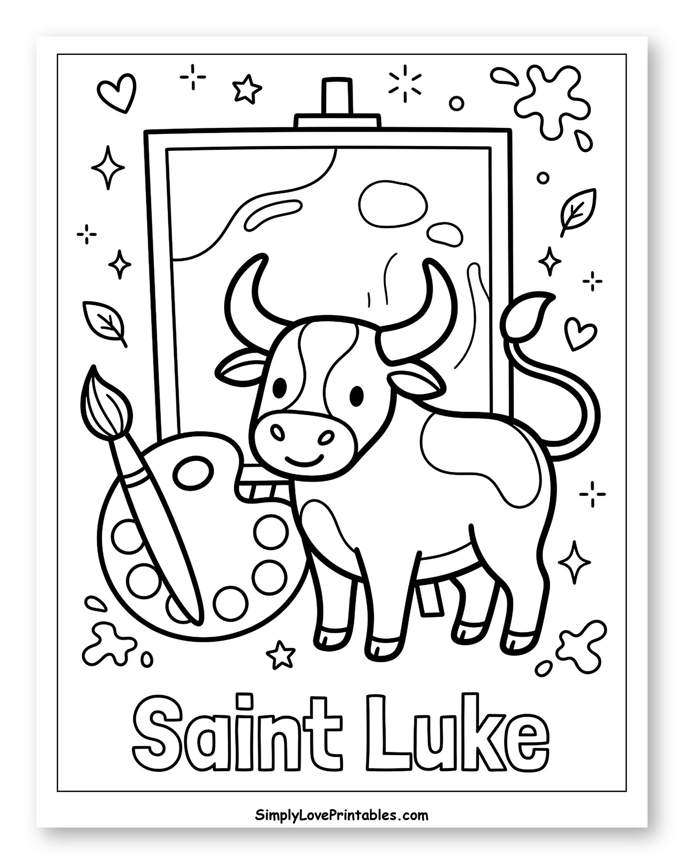 Artistic Cow and Saint Luke Easel Coloring Page for Adults