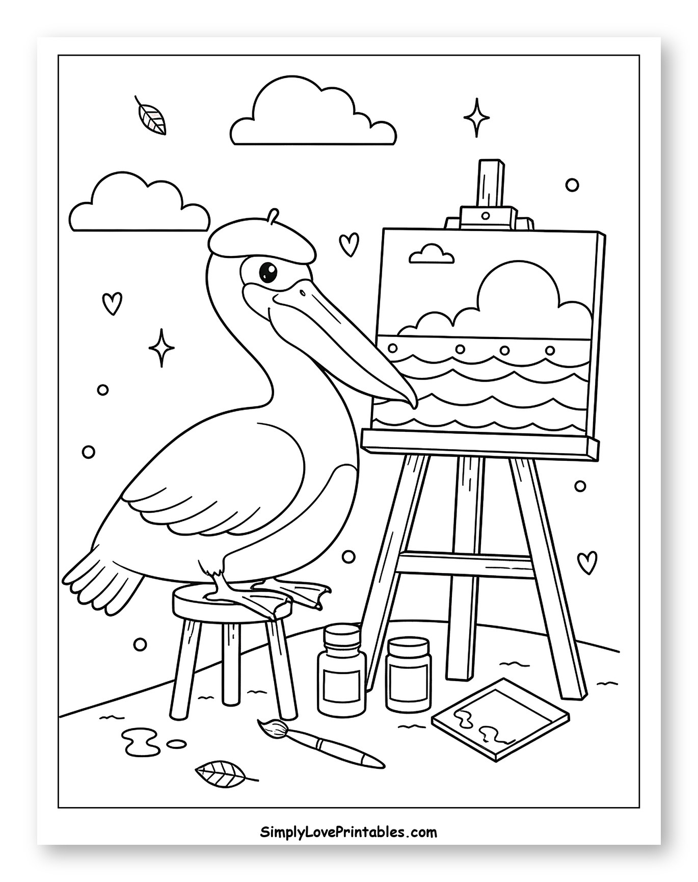 Artistic Pelican Painting a Seaside Scene Coloring Page for Adults