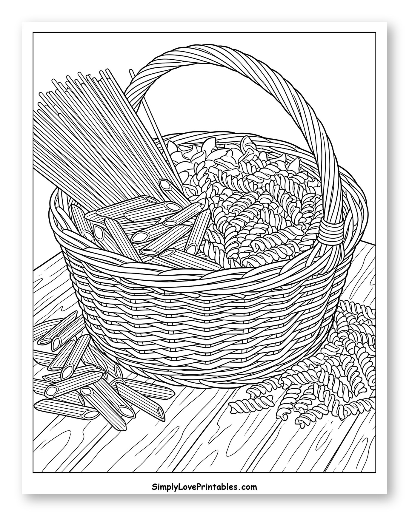 Assorted Pasta in a Wicker Basket on Wood to Color