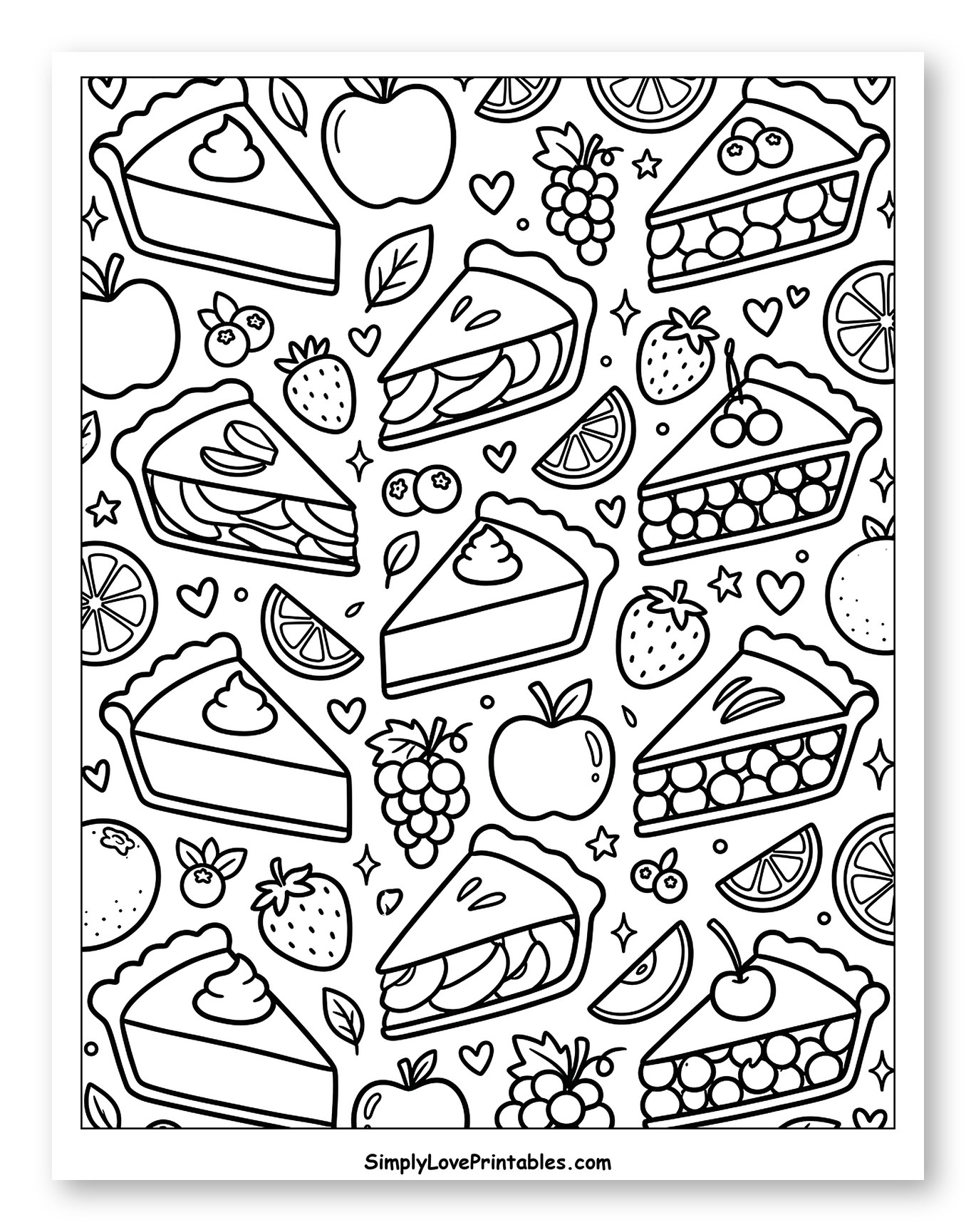 Assorted Pie Slices and Fresh Fruits Pattern to Color for Adults
