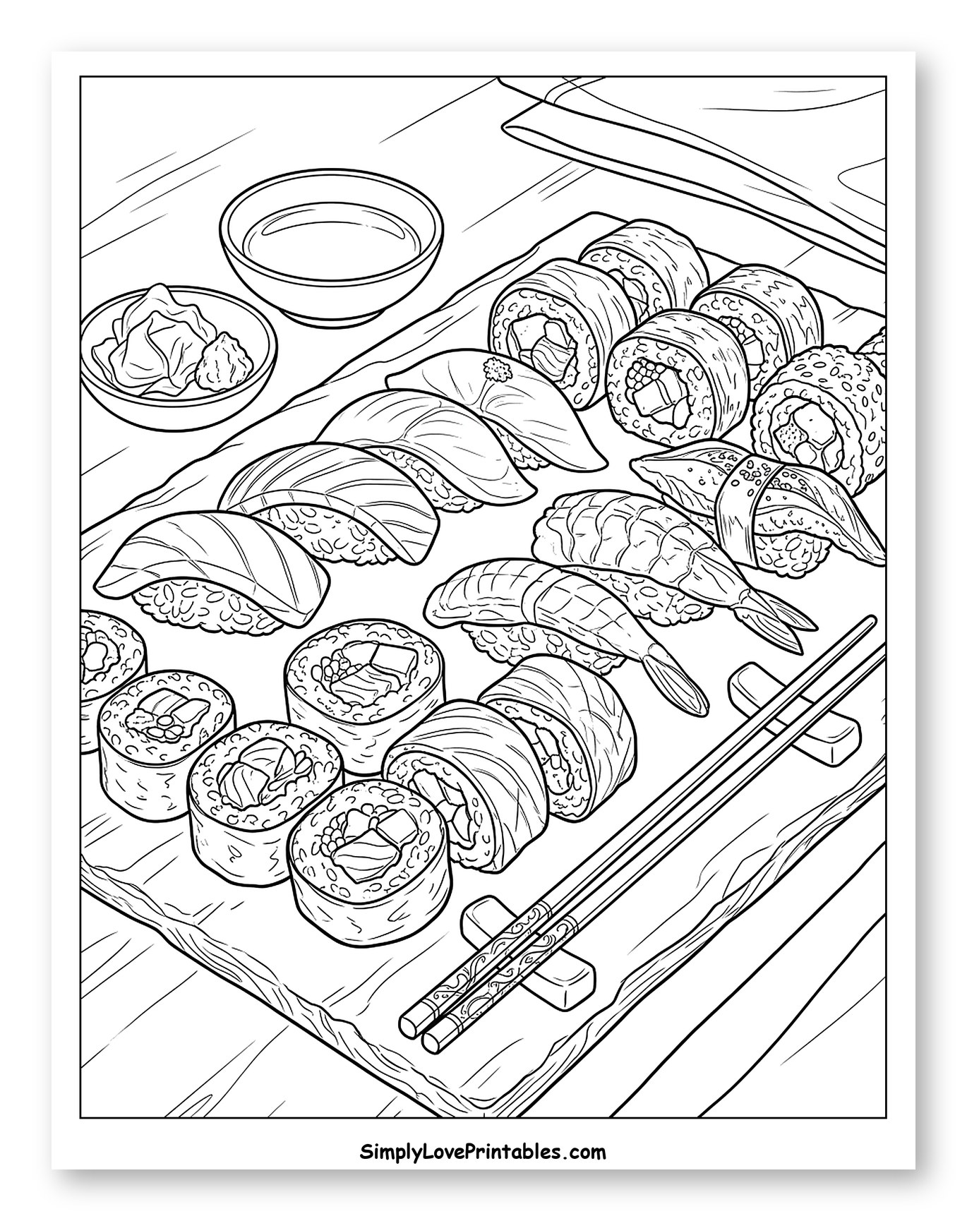 Assorted Sushi and Sashimi Platter with Condiments Coloring Page