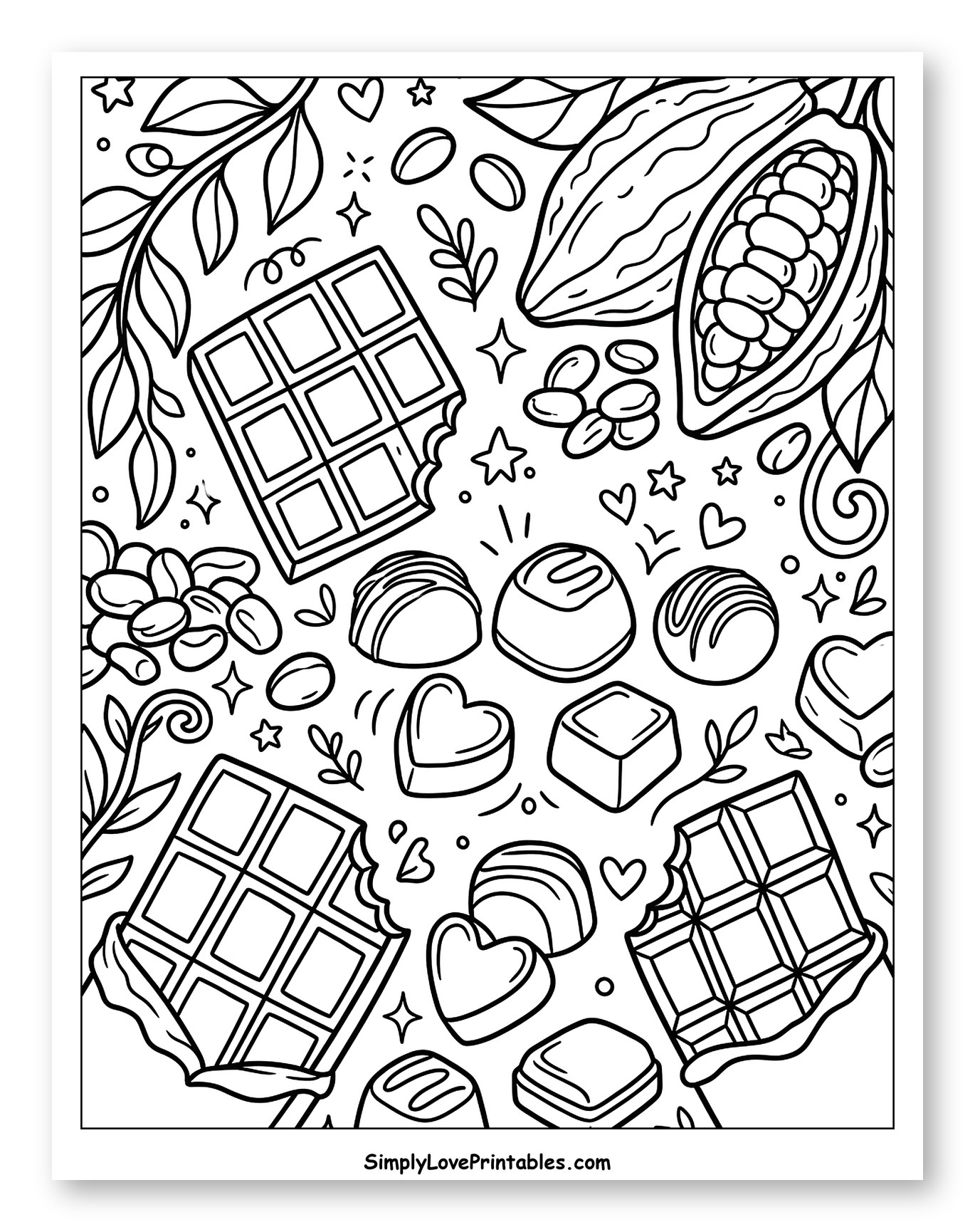 Assortment of Chocolate Treats and Cocoa Pods Coloring Page for Adults