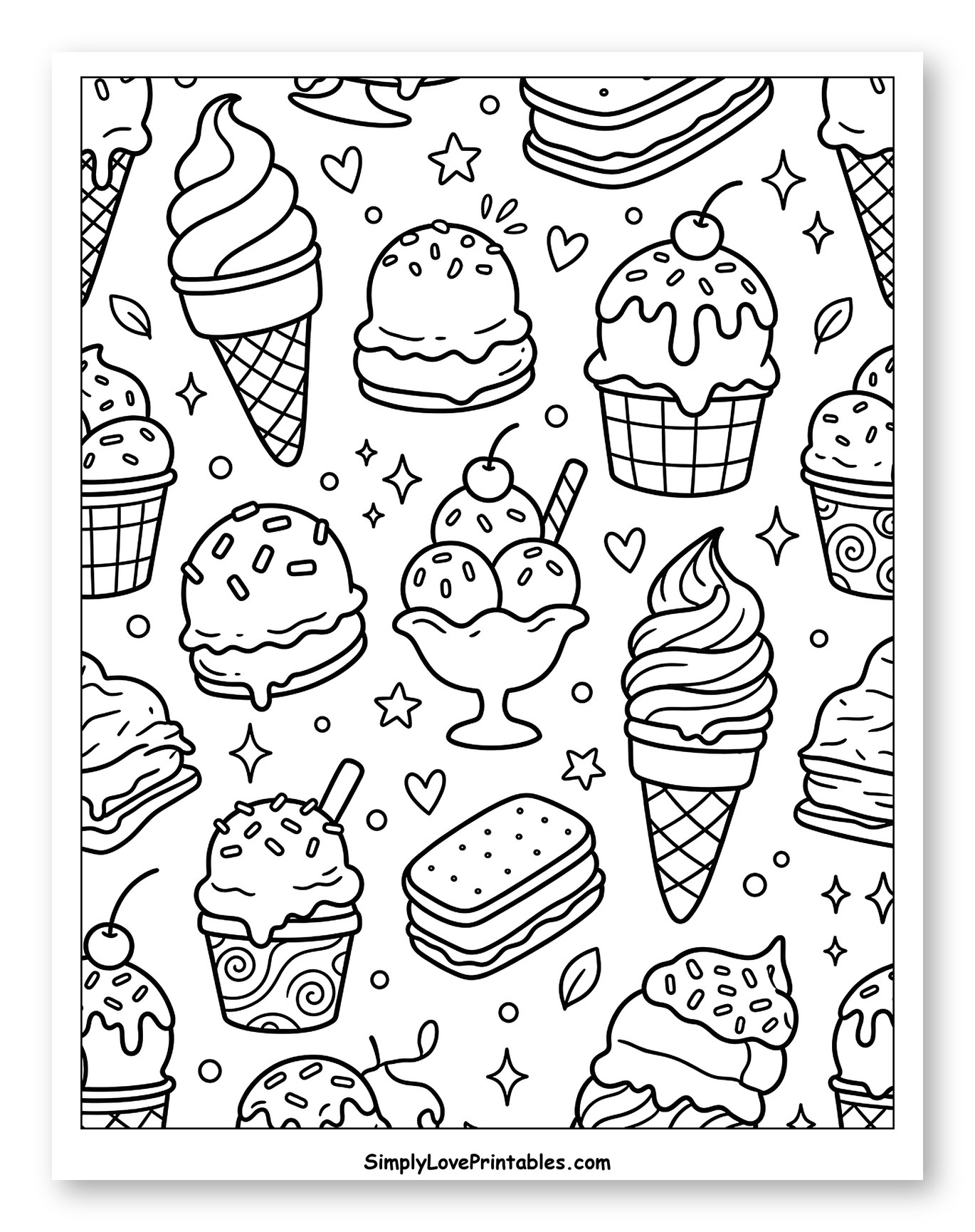 Assortment of Delicious Ice Cream Treats Coloring Sheet for Adults