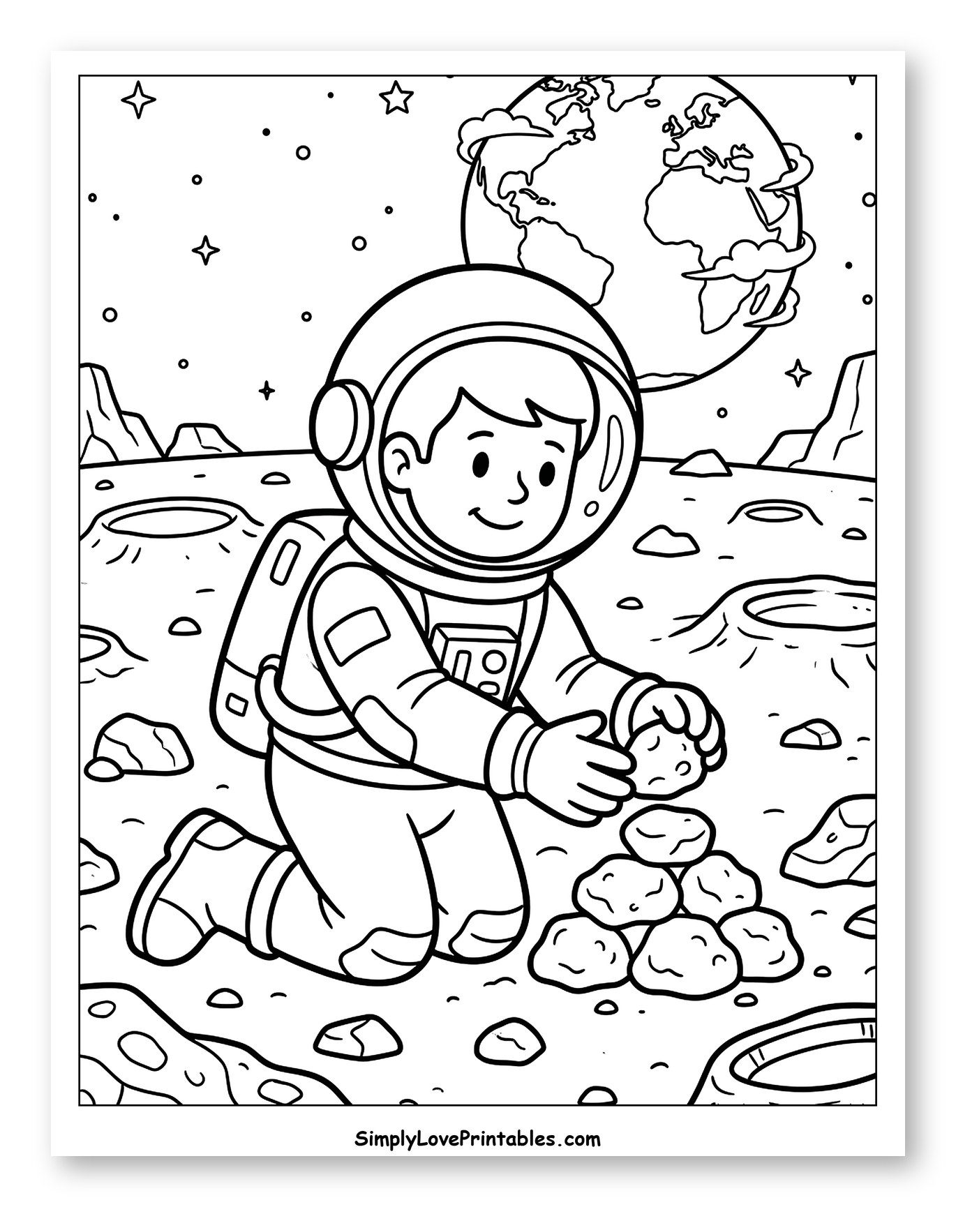 Astronaut Collecting Rocks on the Moon Coloring Sheet for Kids