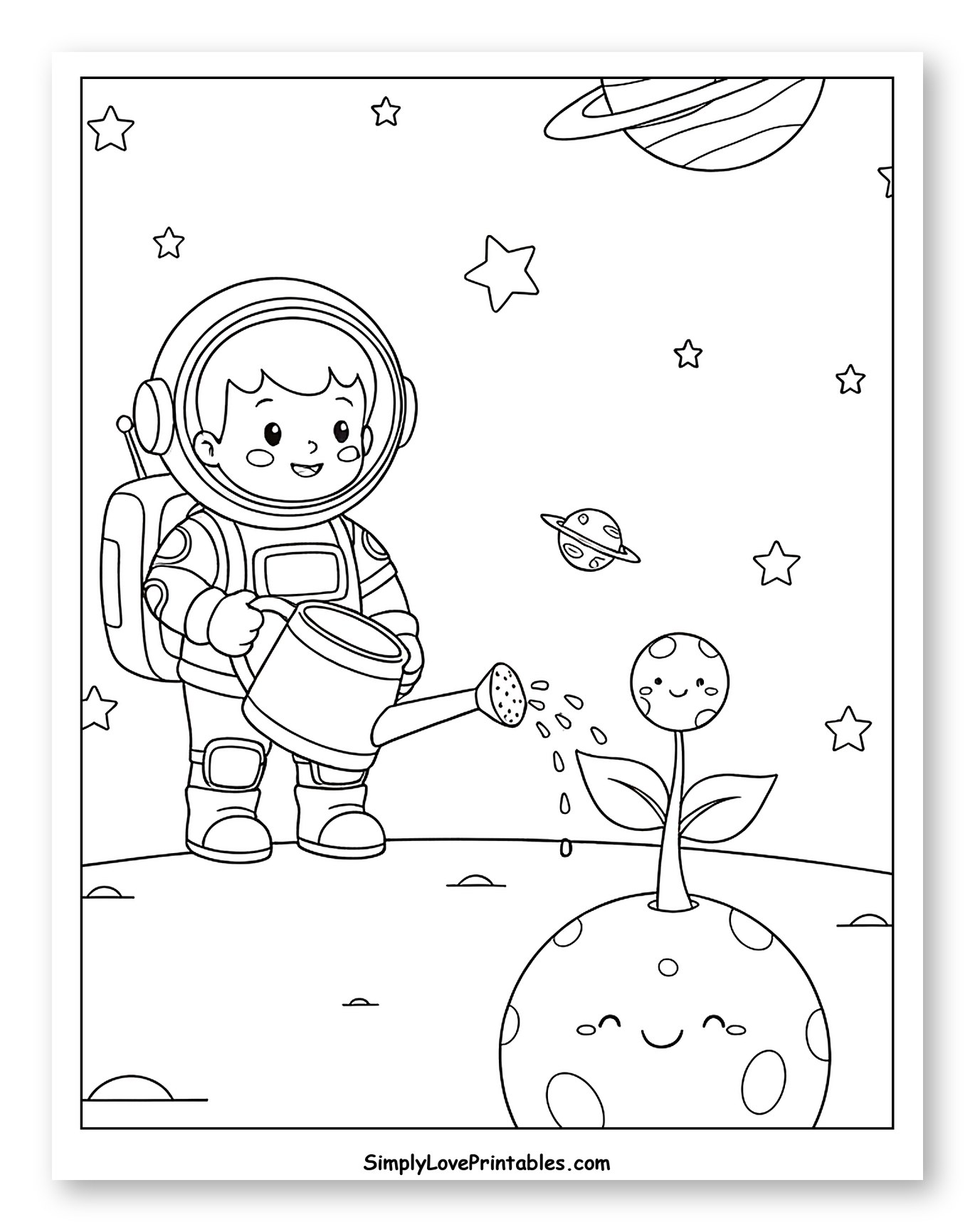 Astronaut Watering a Happy Moon Plant Coloring Sheet for Kids
