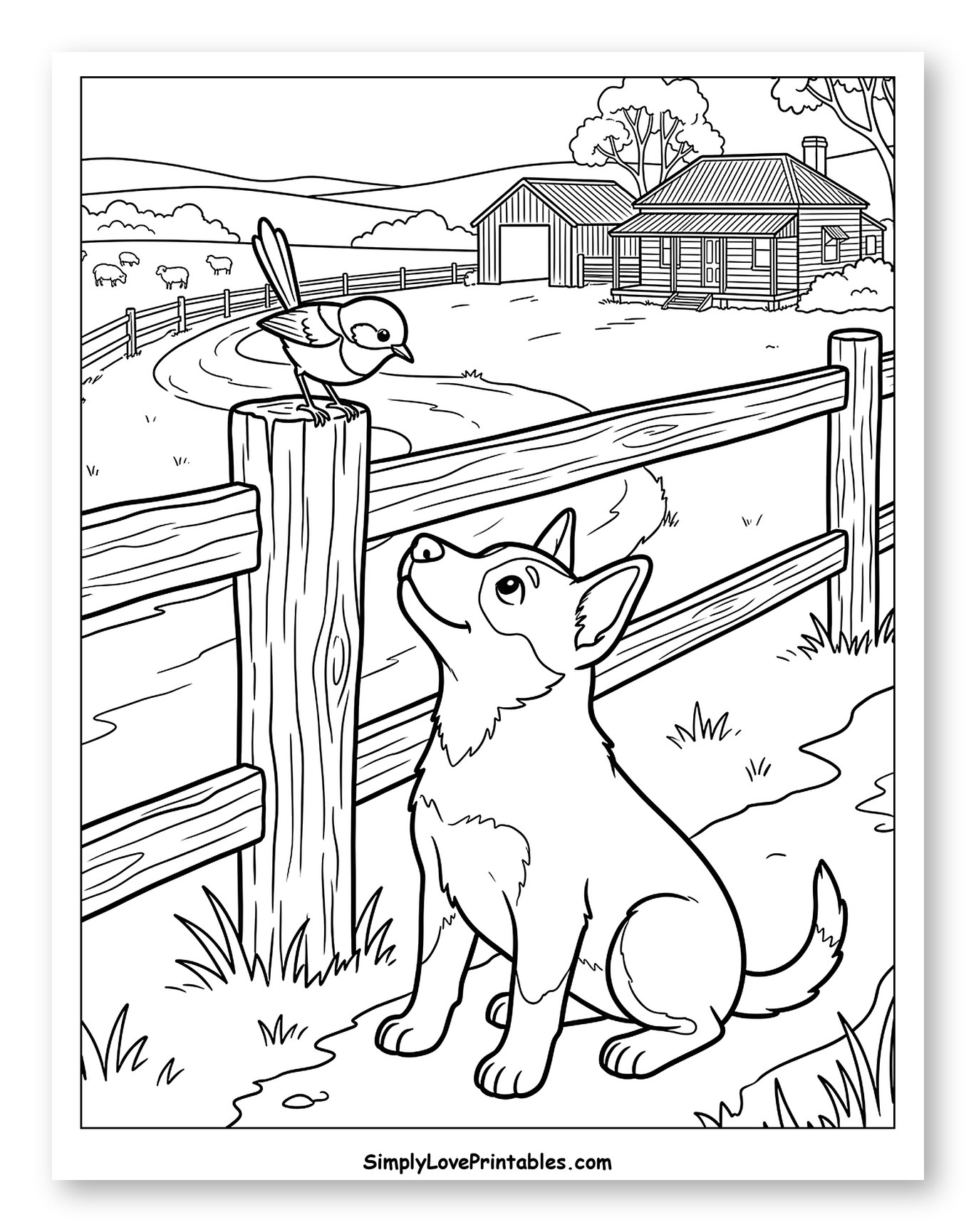 Australian Cattle Dog and Bird on a Farm Fence Coloring Page for Kids