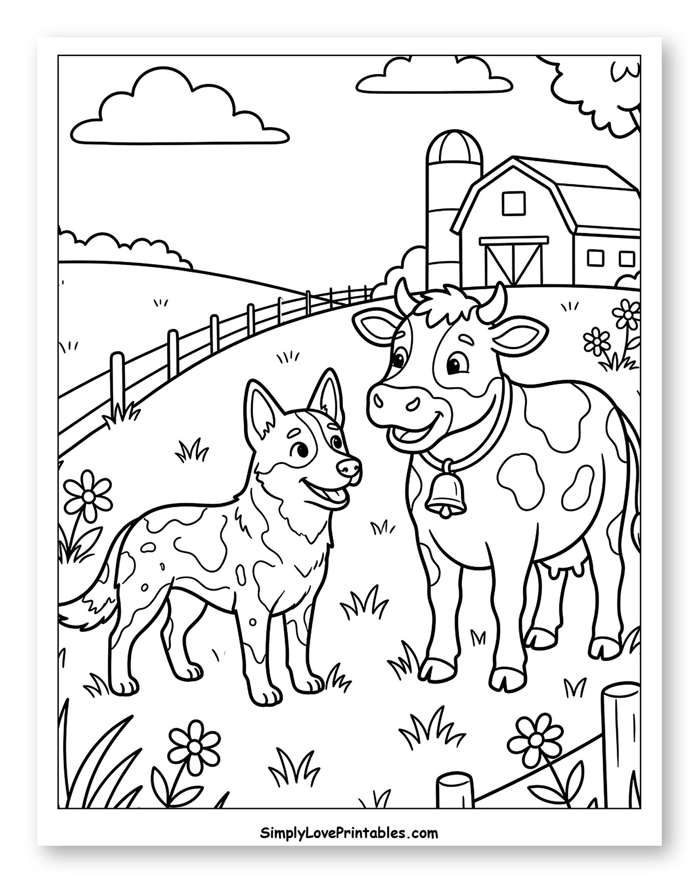 Australian Cattle Dog and Cow on a Farm Coloring Sheet for Kids