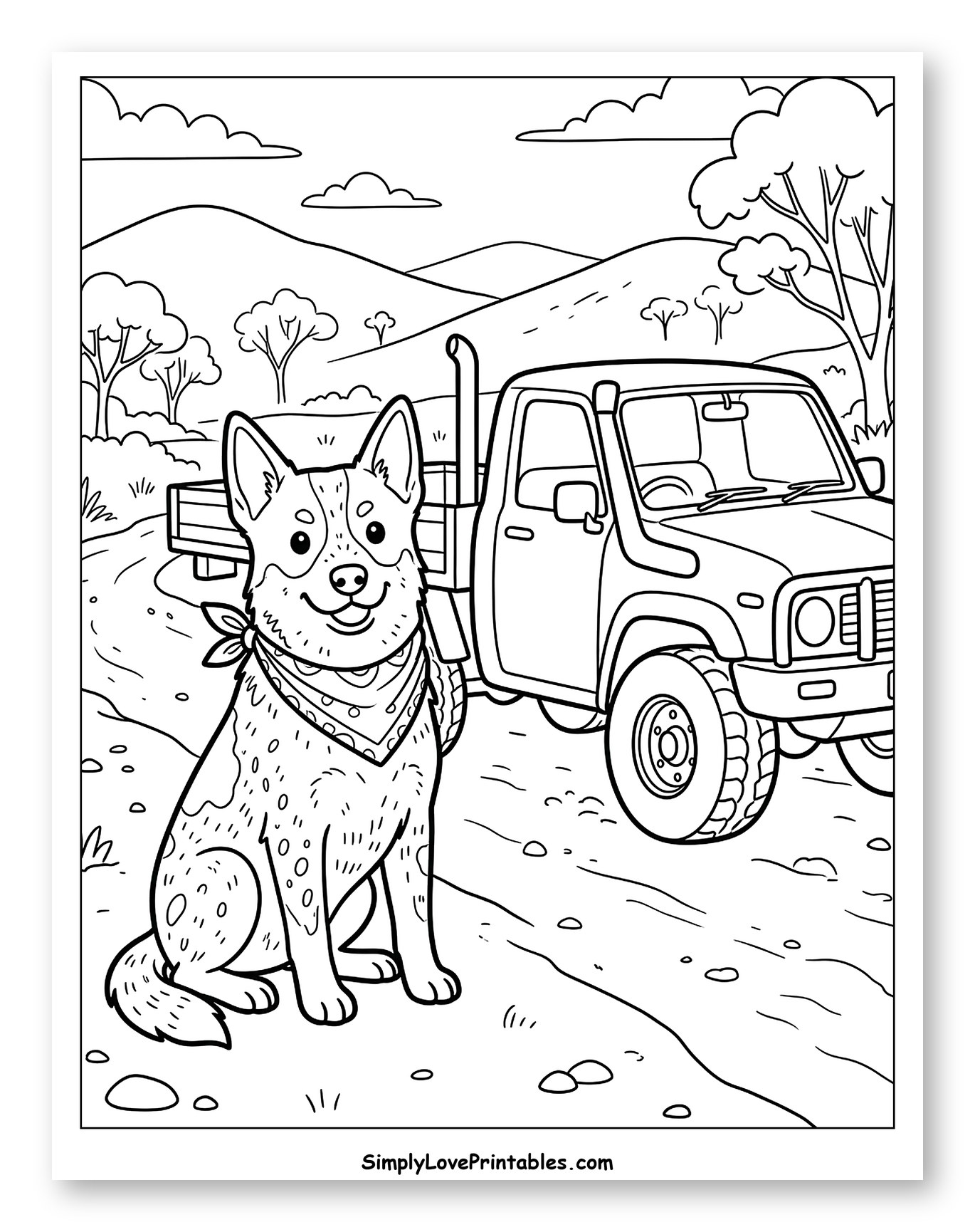 Australian Cattle Dog Beside Pickup Truck Coloring Page for Kids