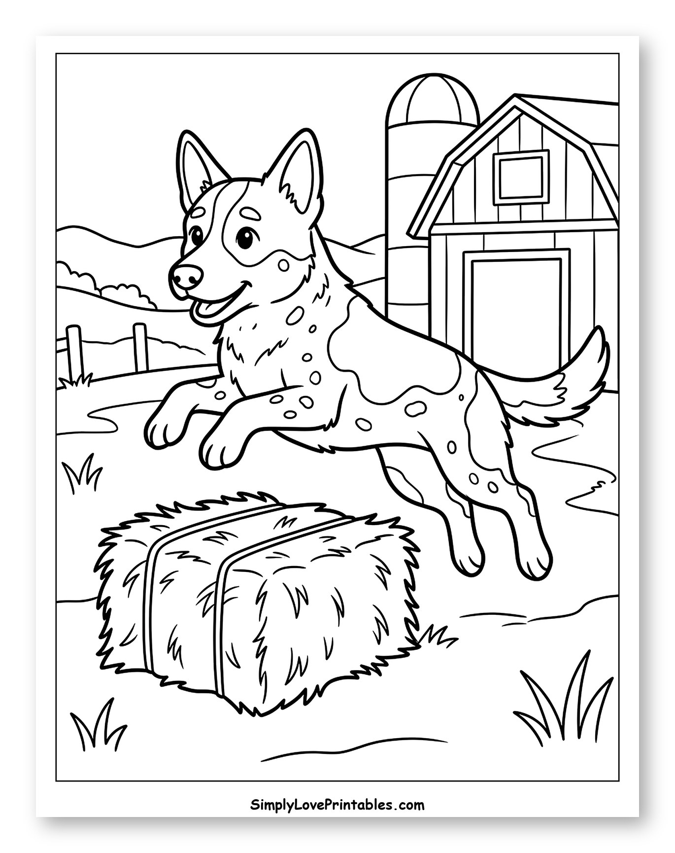 Australian Cattle Dog Jumping Over Hay Bale Coloring Sheet for Kids