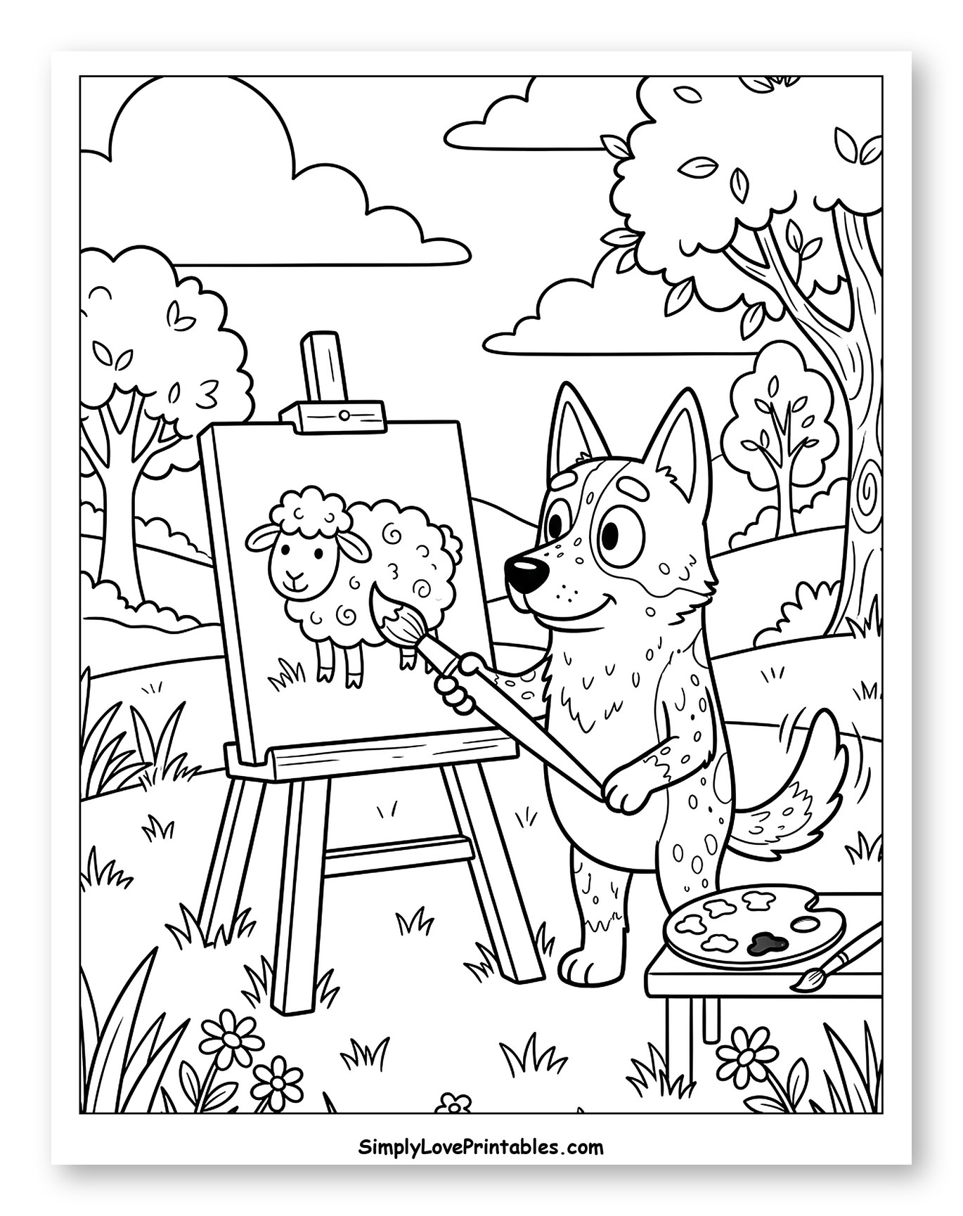 Australian Cattle Dog Painting a Sheep to Color for Kids
