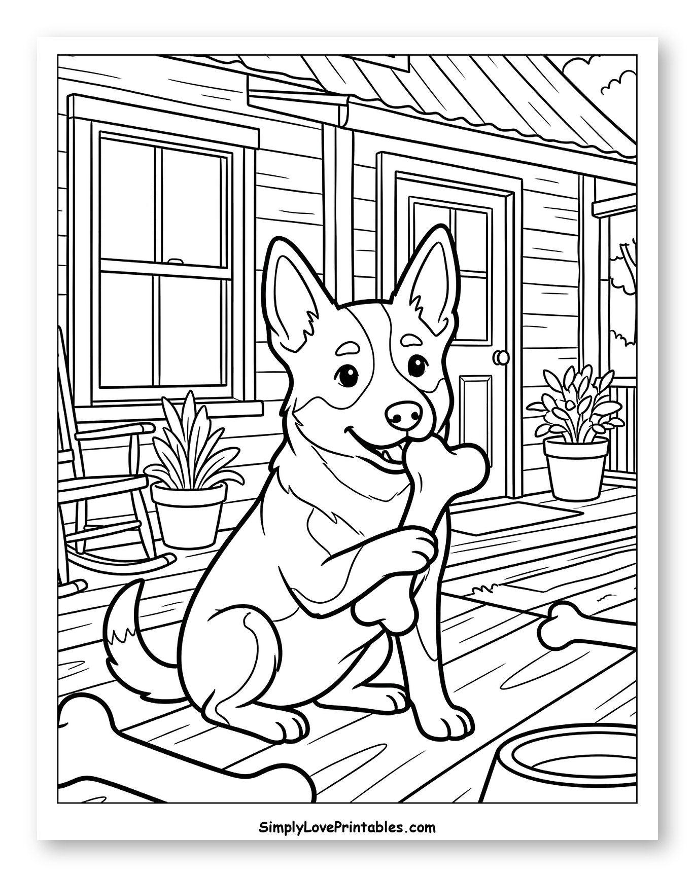 Australian Cattle Dog with Bone on Porch to Color for Kids