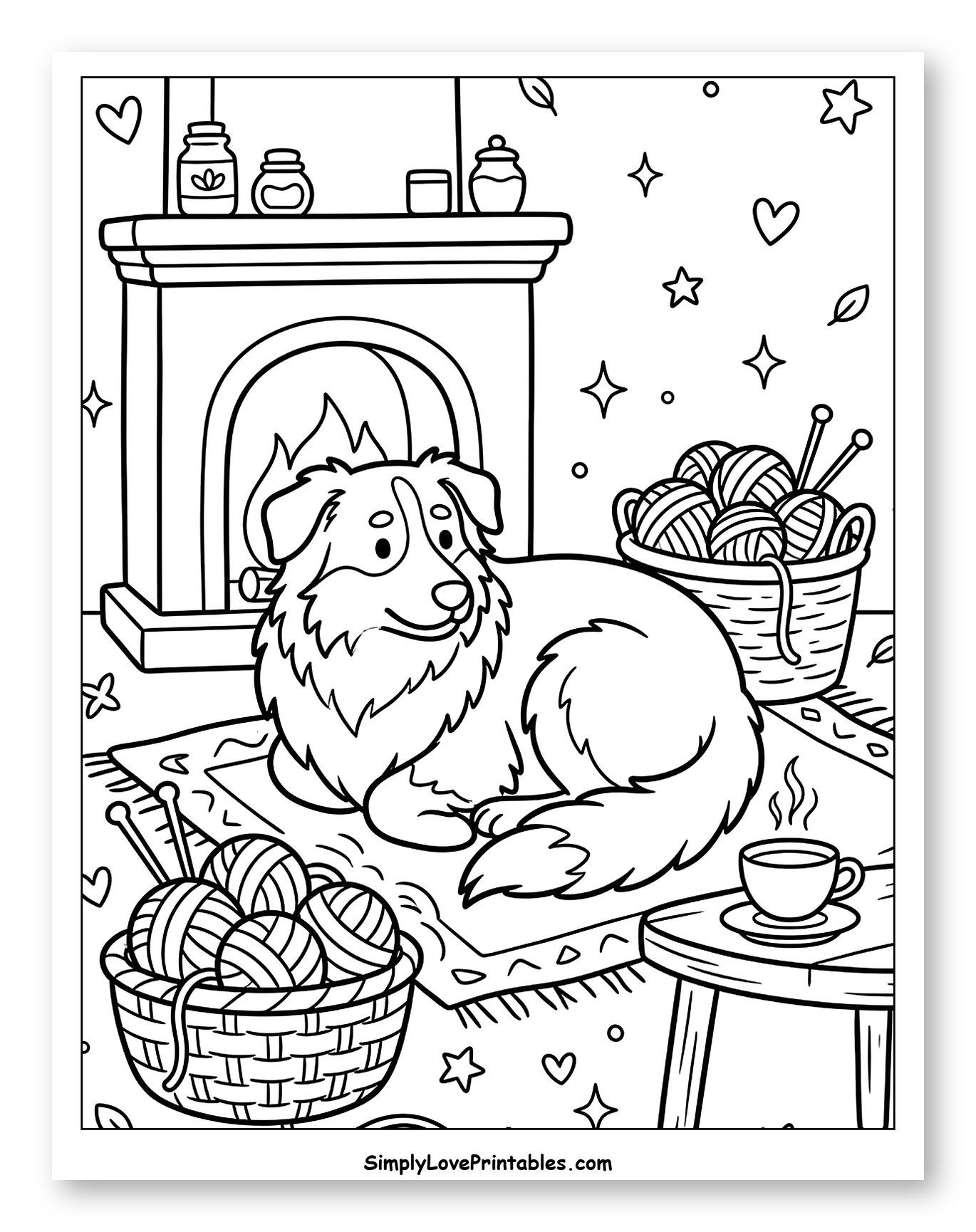 Australian Shepherd by a Cozy Fireplace Coloring Sheet for Adults