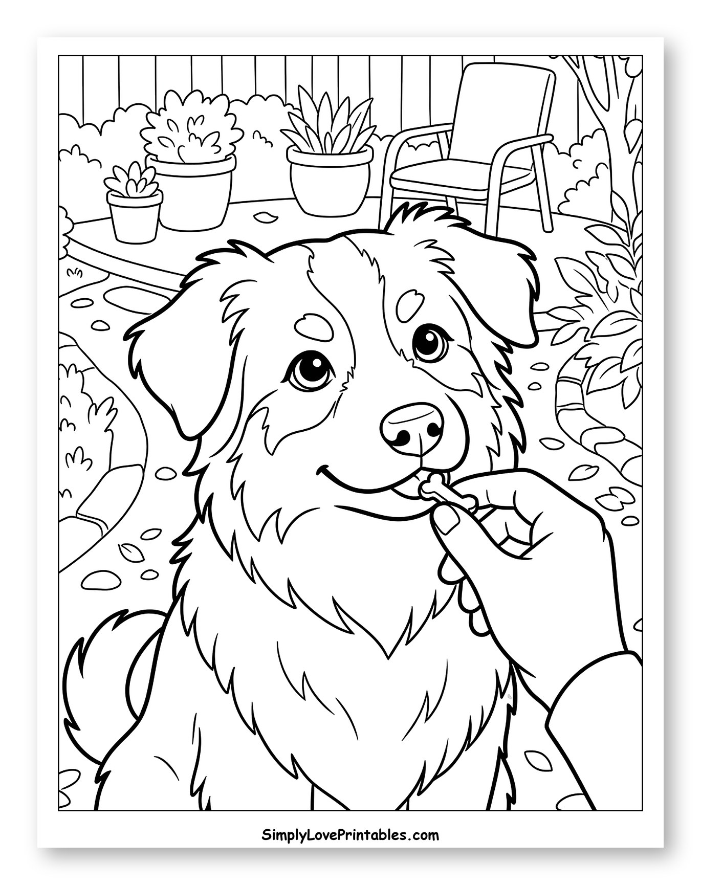 Australian Shepherd Getting a Treat in Backyard Coloring Sheet for Kids