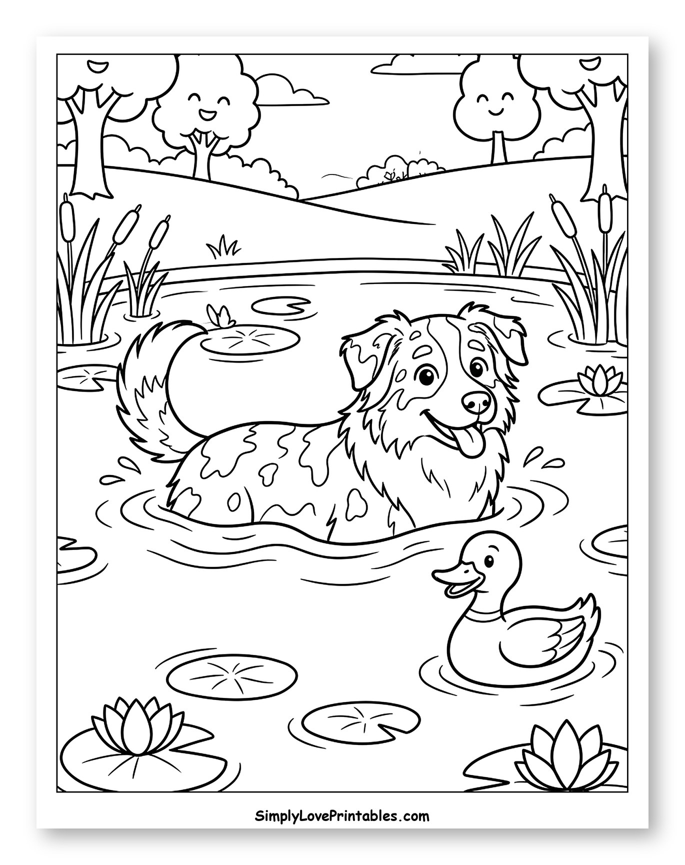 Australian Shepherd Swimming with a Duck to Color for Kids