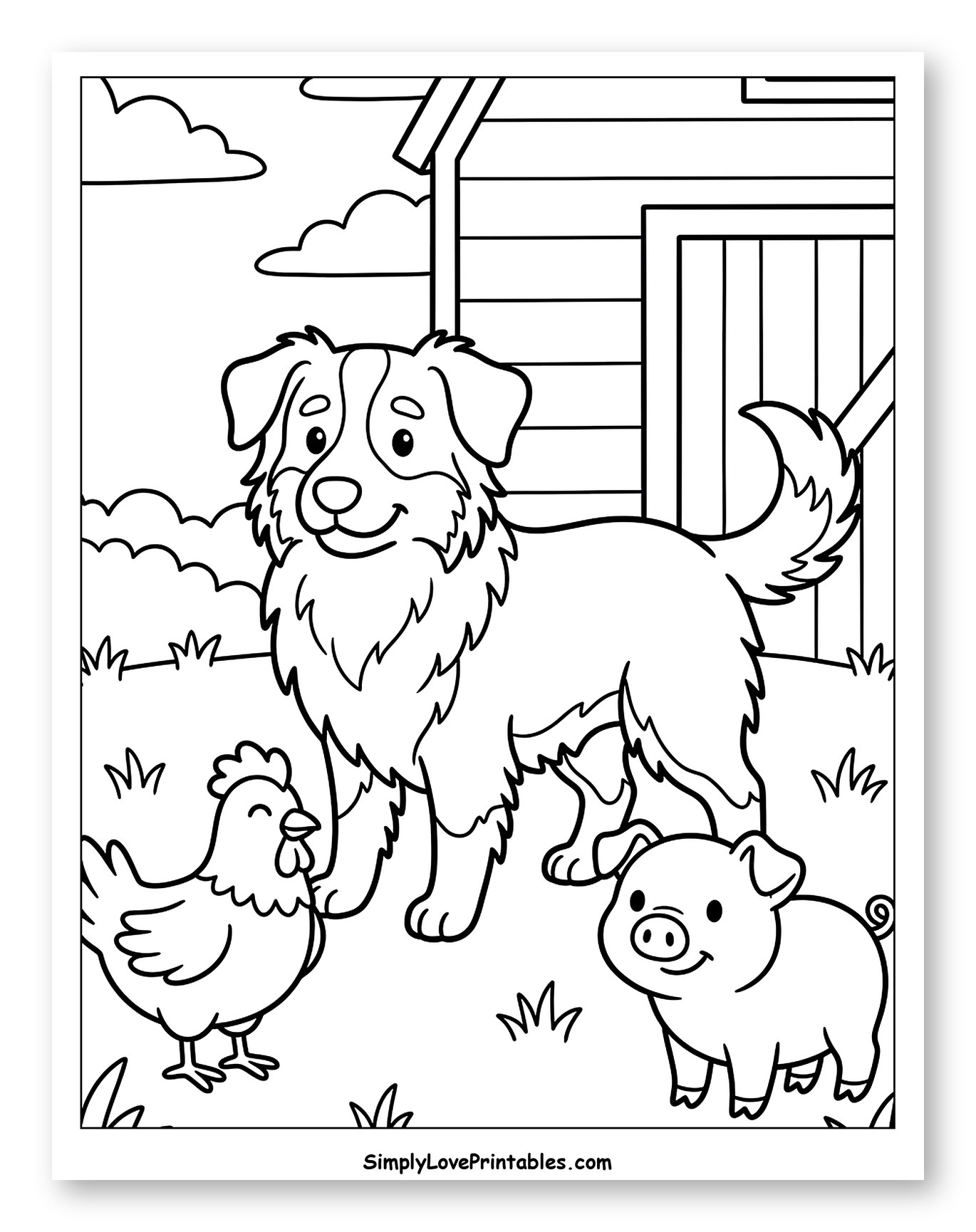Australian Shepherd with Farm Animals and Barn to Color for Kids