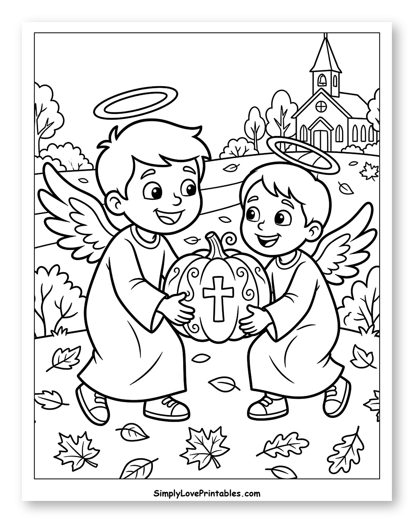 Autumn Angels Holding Christian Pumpkin Coloring Page for Kids