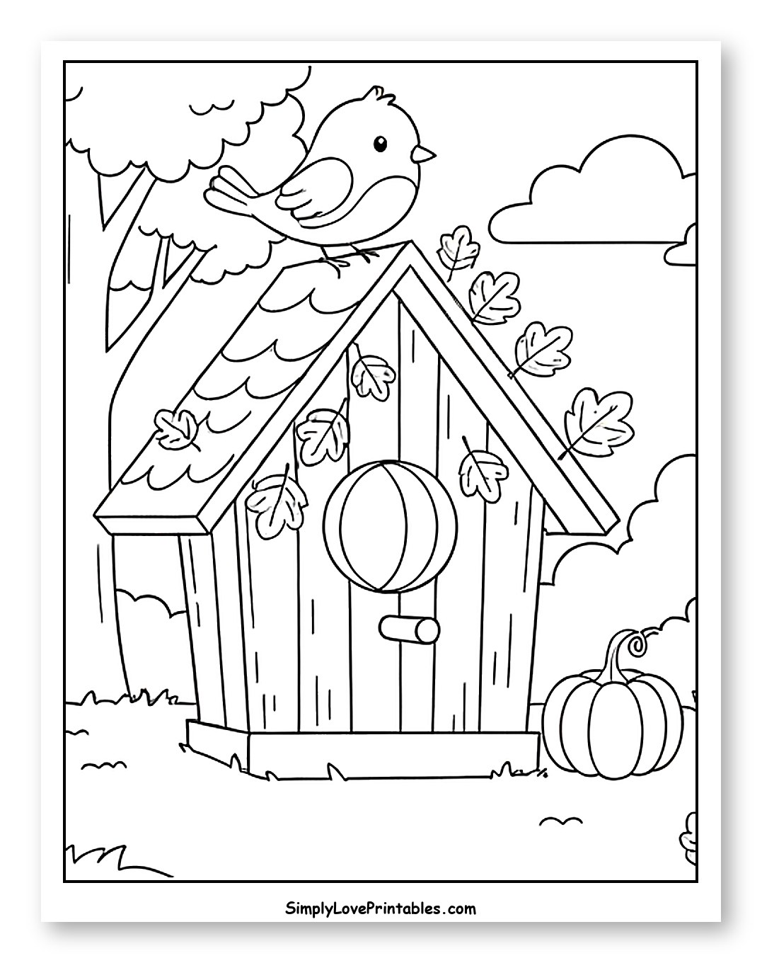 Autumn Birdhouse Scene with Bird and Pumpkin