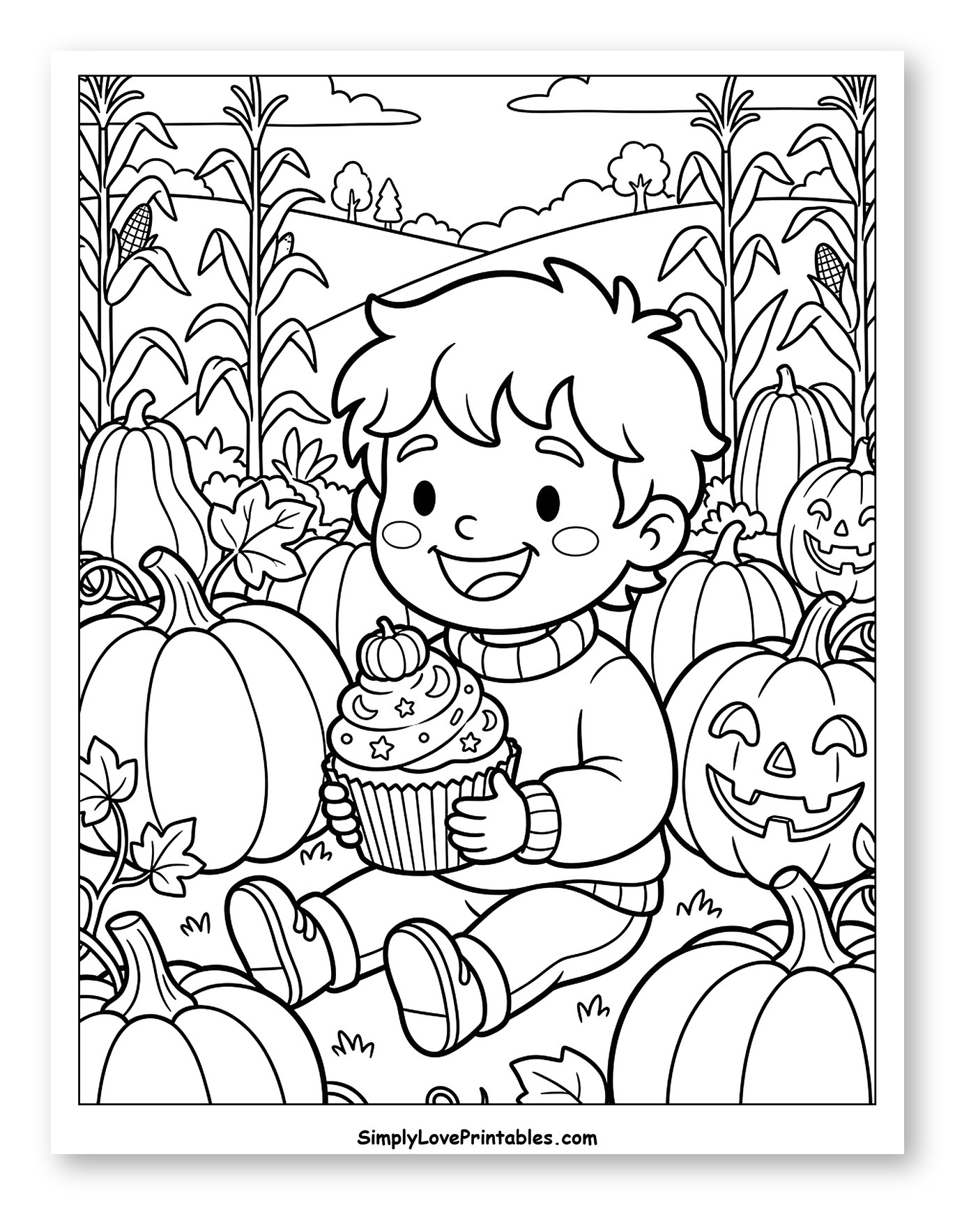 Autumn Boy with Cupcake Among Pumpkins