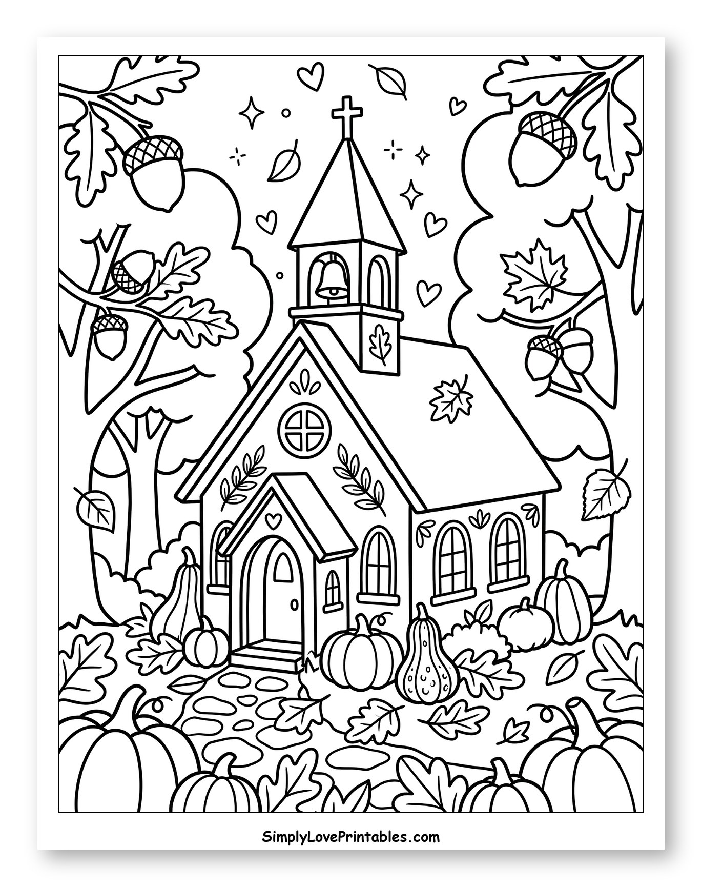 Autumn Church with Pumpkins and Acorns