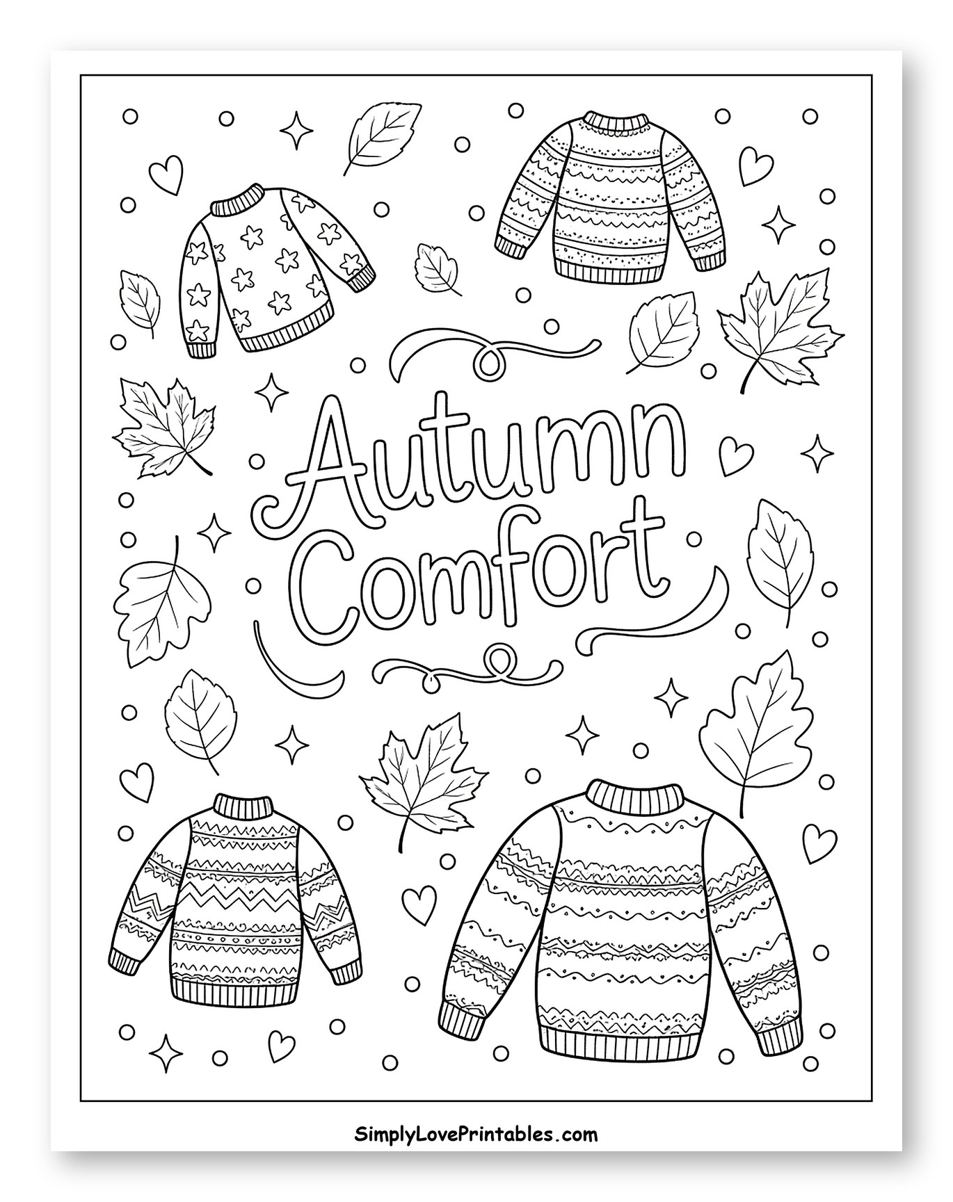 Autumn Comfort Sweaters and Falling Leaves Coloring Page for Adults