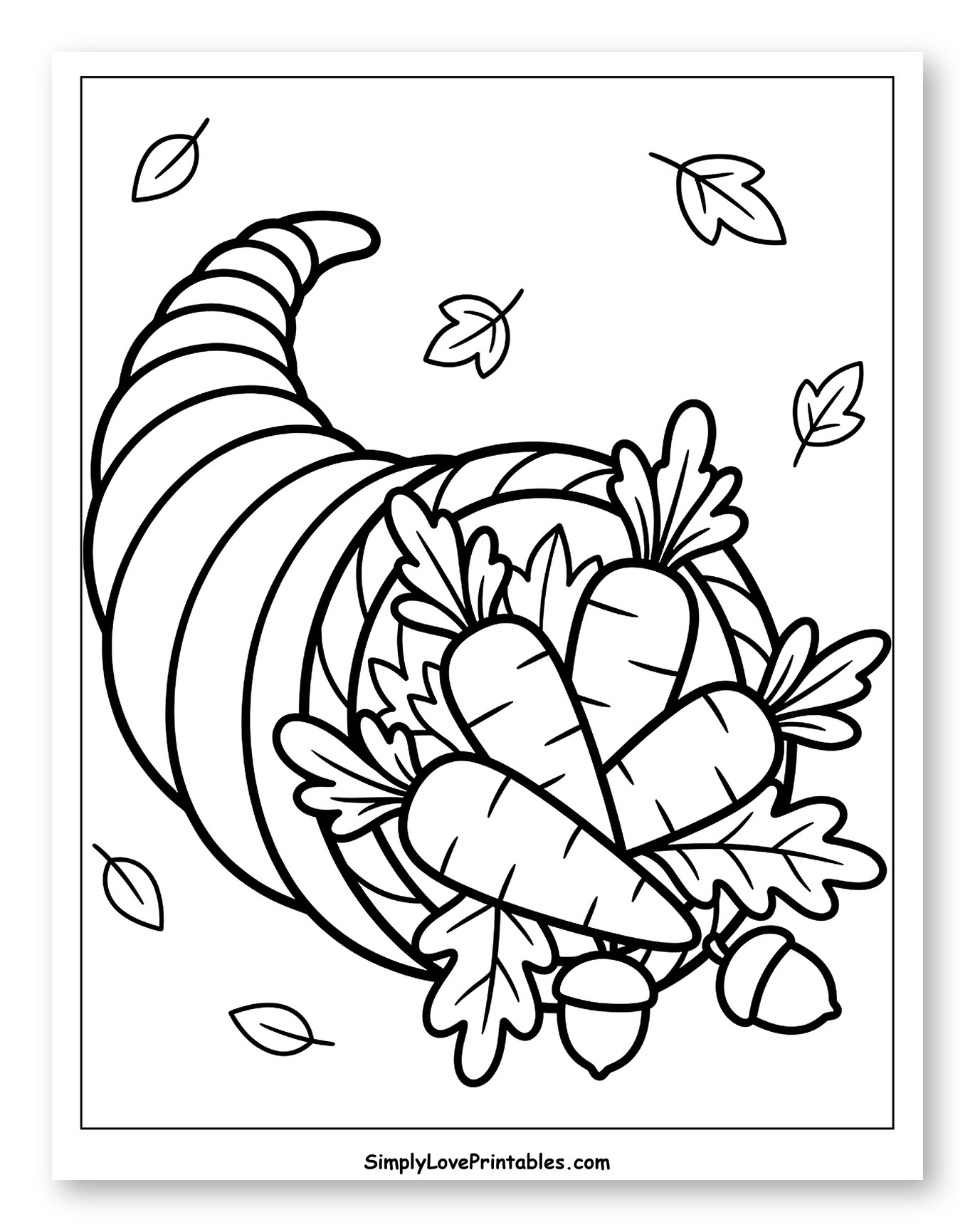 Autumn Cornucopia Filled with Carrots and Acorns to Color for Toddlers