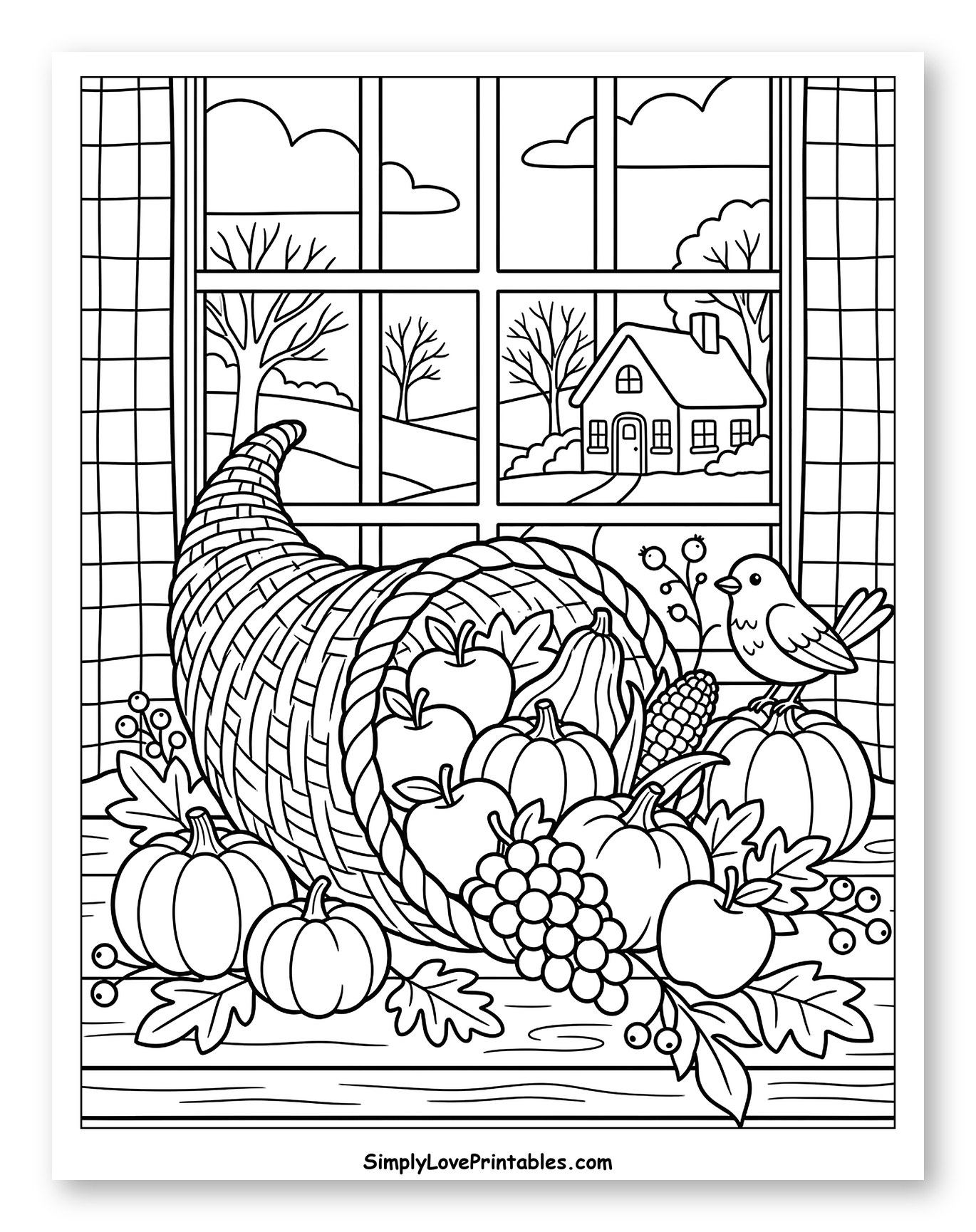 Autumn Cornucopia on a Windowsill with Bird Coloring Page for Kids