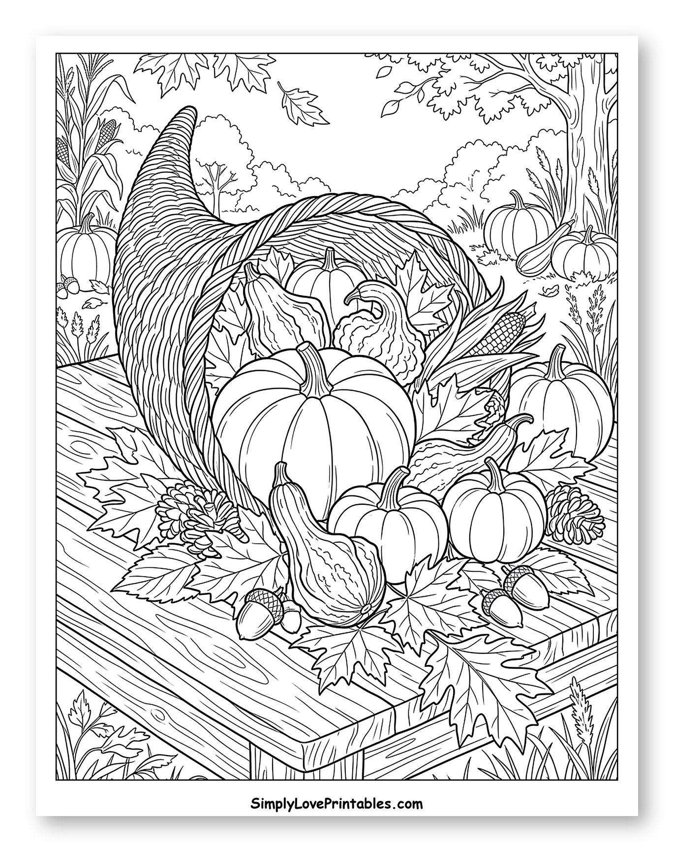 Autumn Cornucopia Overflowing with Harvest to Color