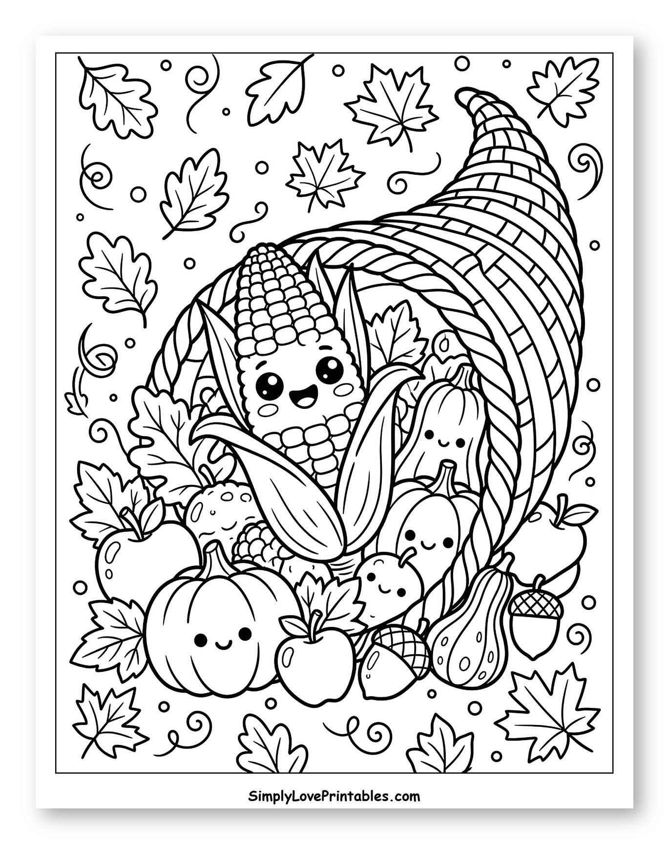 Autumn Cornucopia with Adorable Fruits, Vegetables, and Leaves