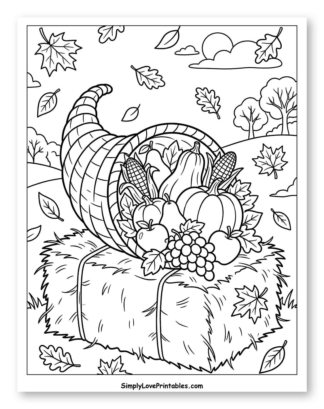 Autumn Cornucopia with Harvest on Hay Bale Coloring Page for Kids