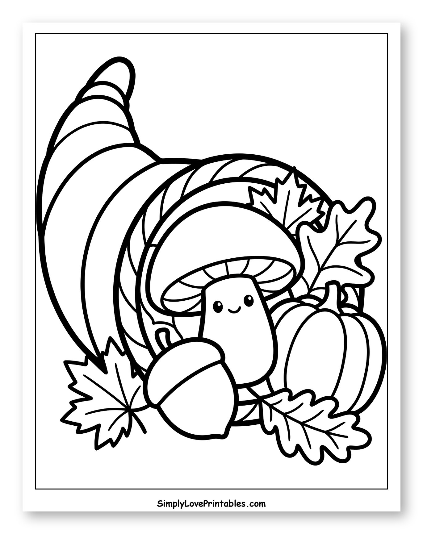 Autumn Cornucopia with Kawaii Mushroom, Pumpkin, and Acorn