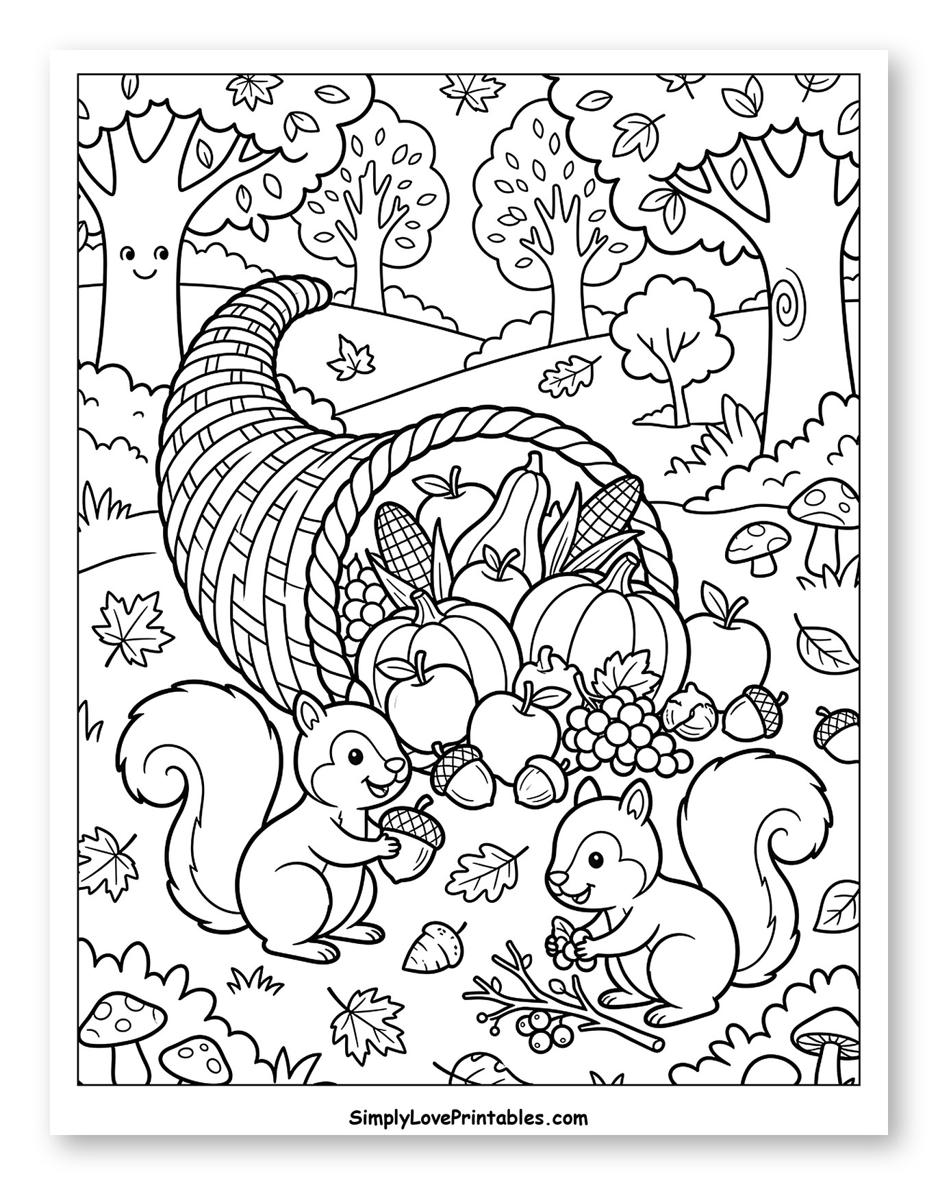 Autumn Cornucopia with Squirrels and Smiling Tree to Color for Kids