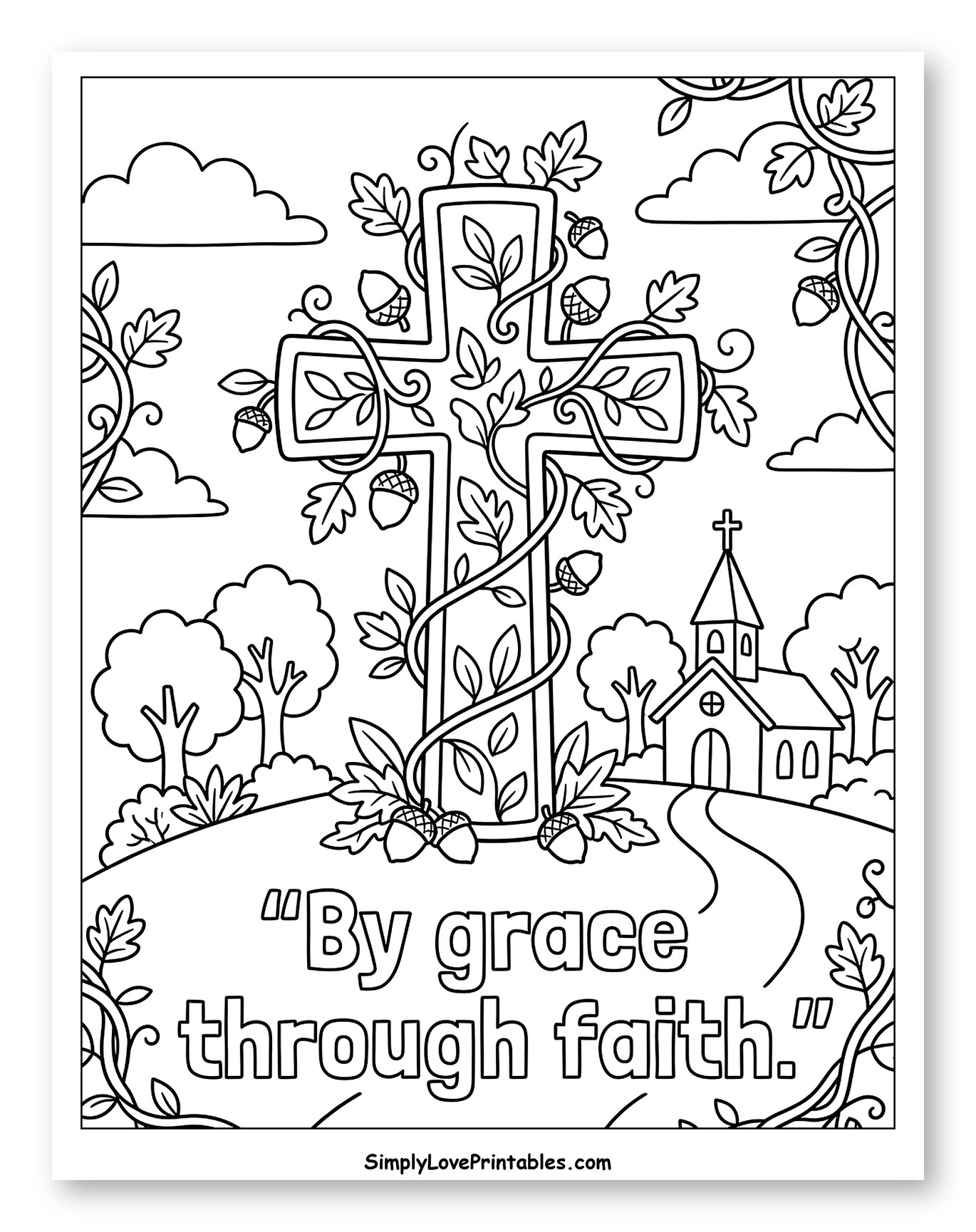 Autumn Cross with Church and Scripture Coloring Page for Kids