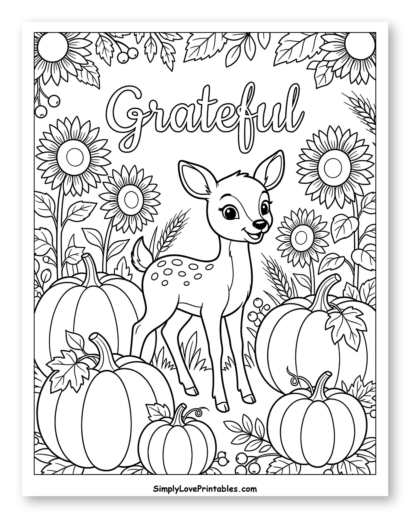 Autumn Fawn Surrounded by Pumpkins and Sunflowers