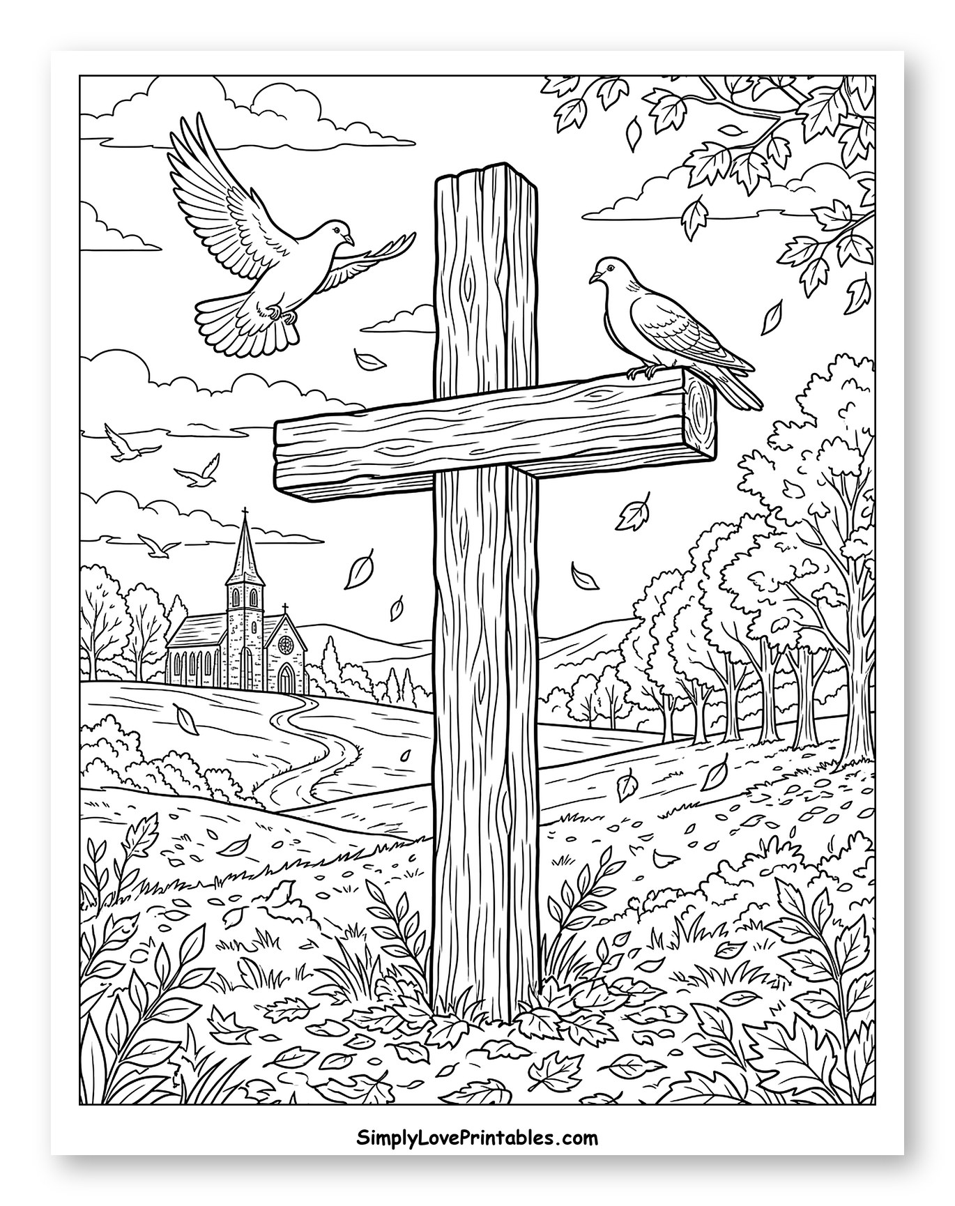 Autumn Field with Cross, Doves, and Church Coloring Page