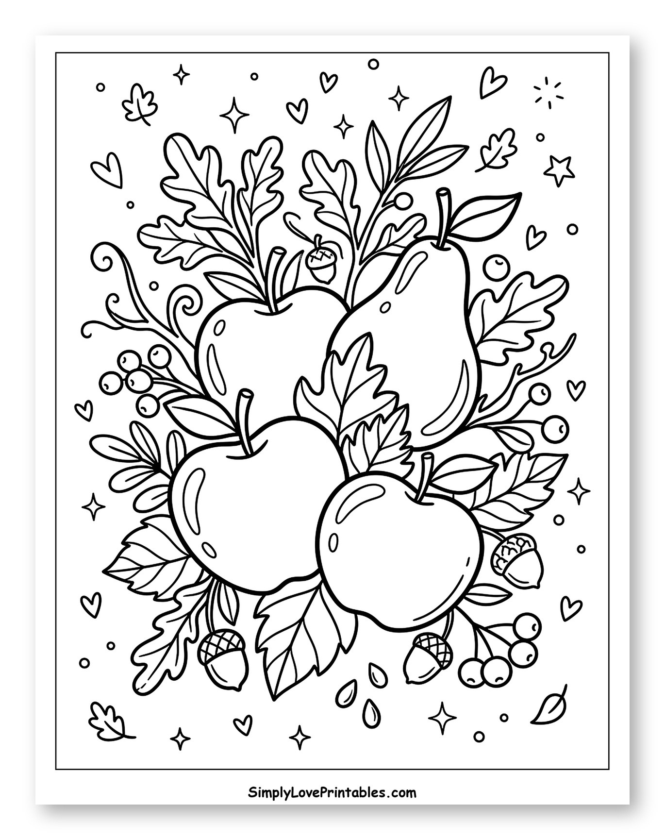 Autumn Fruits, Leaves, Berries, and Acorns Coloring Page for Adults