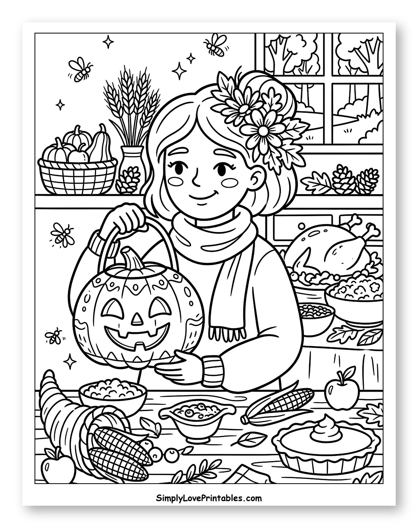 Autumn Girl with Jack-o'-Lantern and Festive Spread